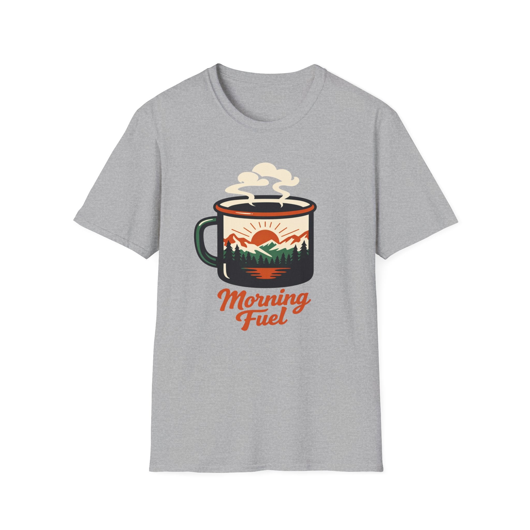 Morning Fuel Coffee T-Shirt — Mountains & Sunrise Graphic