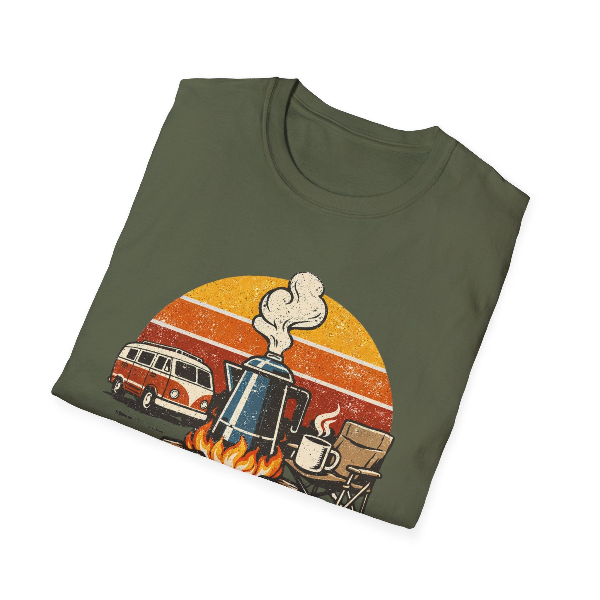 Retro Camping Coffee Break Illustration Rise Brew And Shine T-Shirt