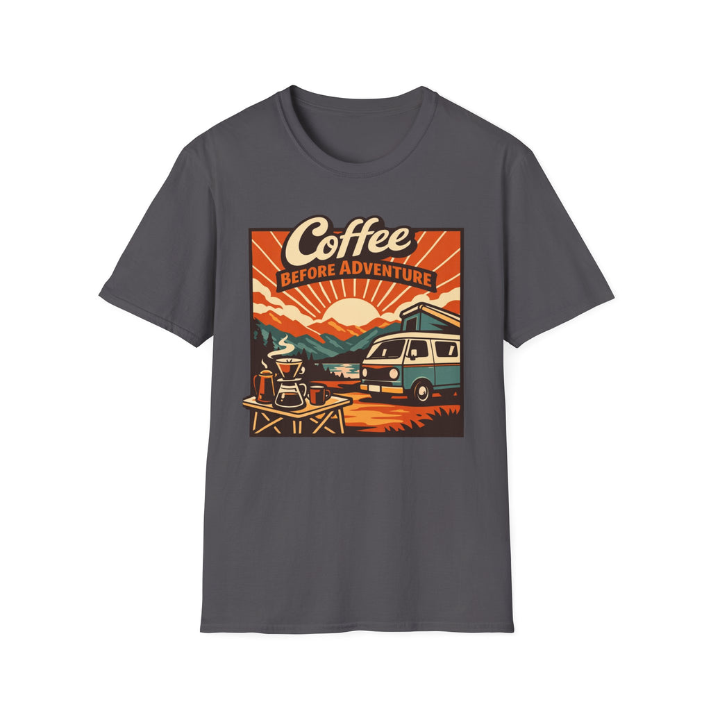 Coffee Before Adventure T-Shirt | Camper Van, Sunrise Camping Graphic