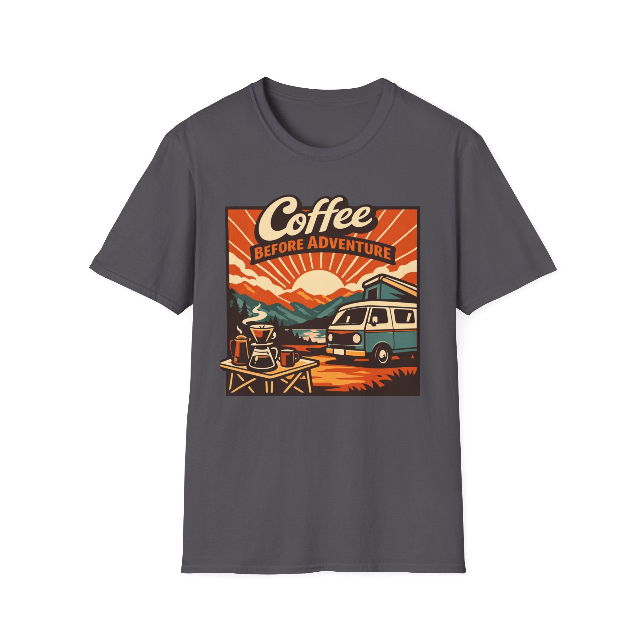 Coffee Before Adventure T-Shirt | Camper Van, Sunrise Camping Graphic