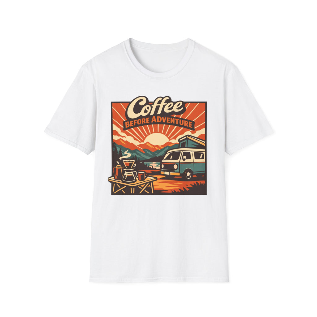 Coffee Before Adventure T-Shirt | Camper Van, Sunrise Camping Graphic