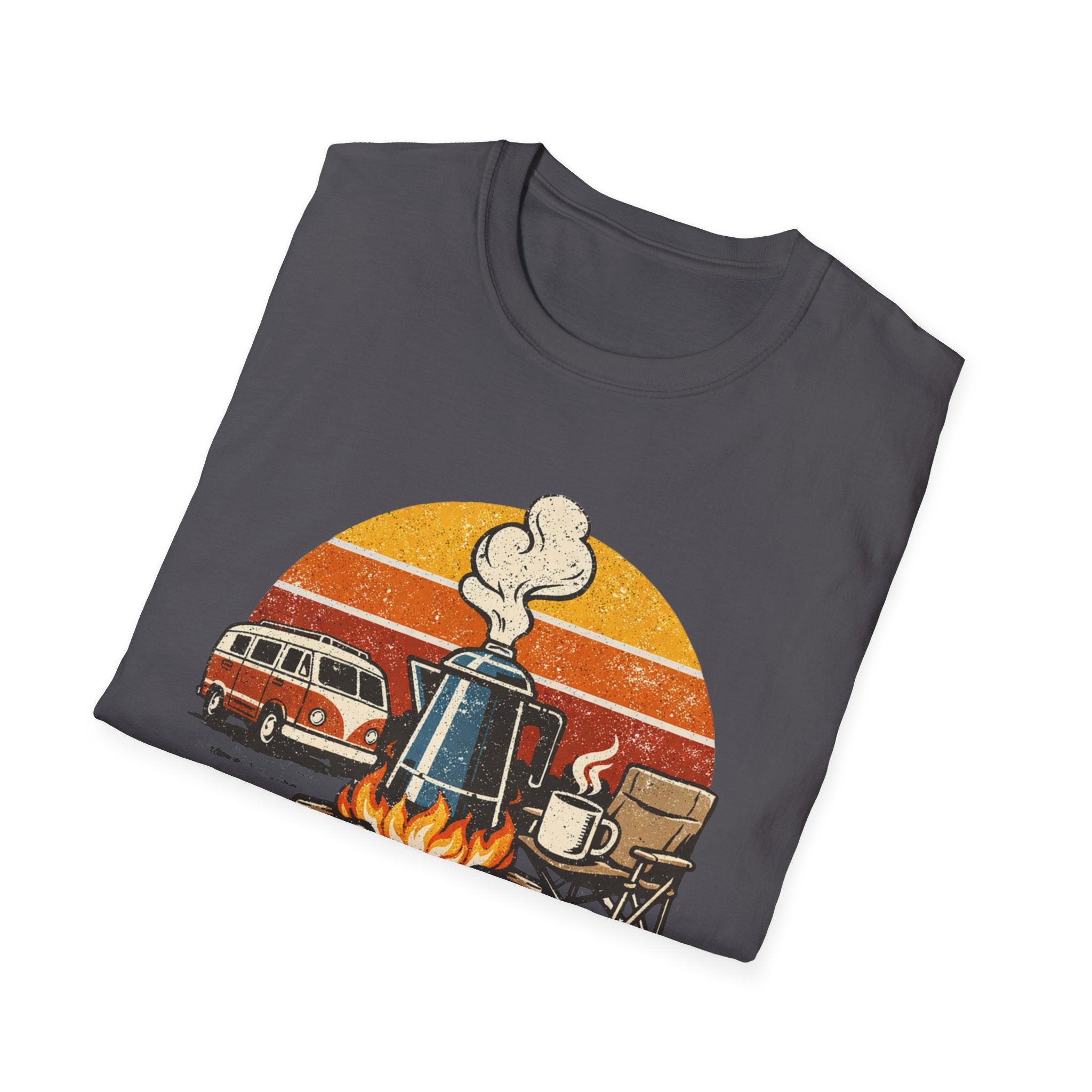 Retro Camping Coffee Break Illustration Rise Brew And Shine T-Shirt