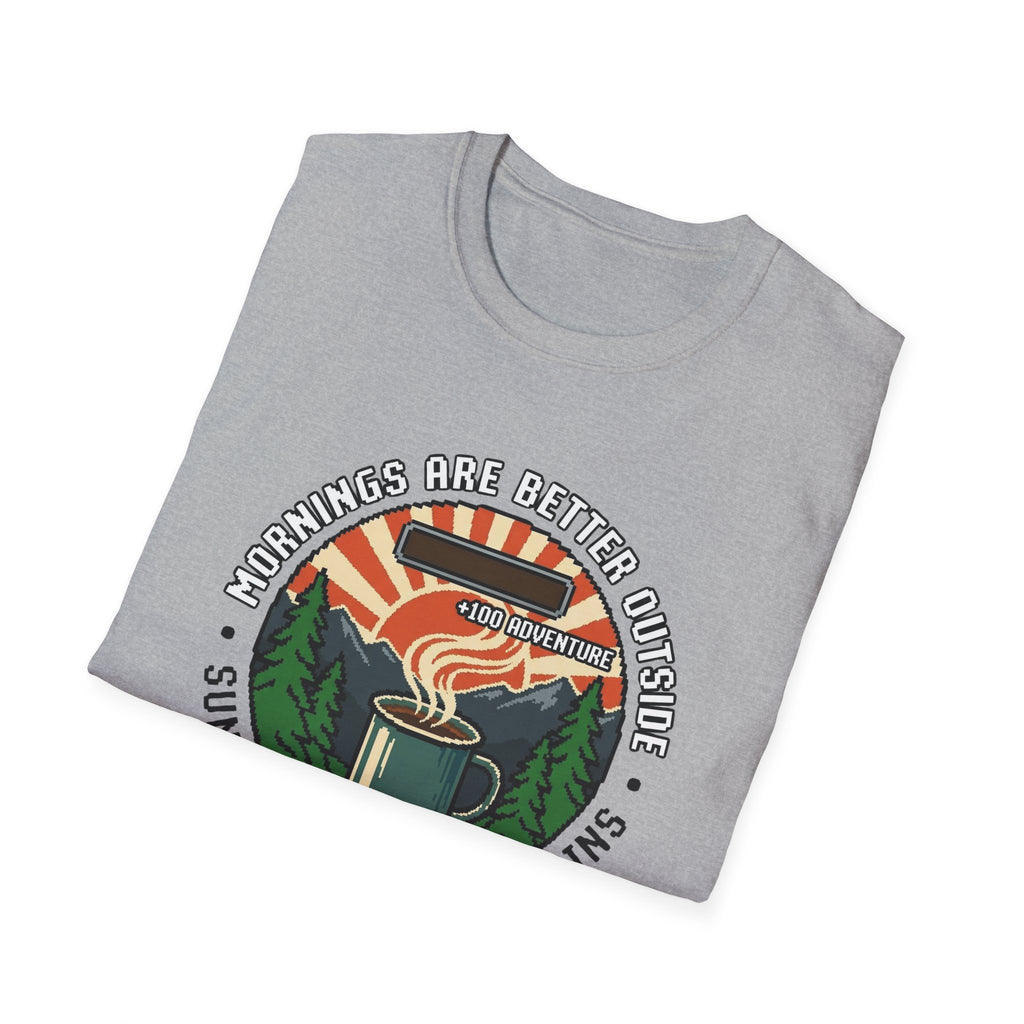 Mornings Are Better Outside T-shirt - Sunrise. Coffee. Mountains Retro Game Design