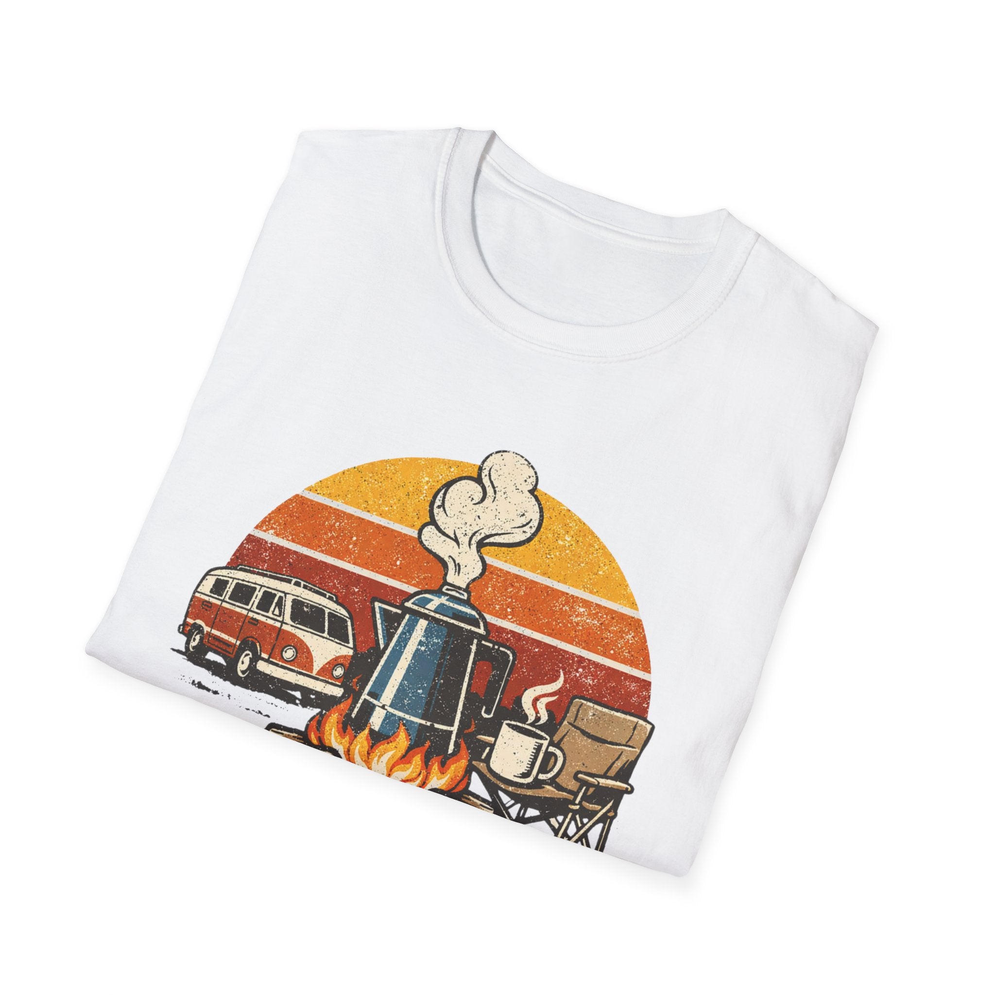 Retro Camping Coffee Break Illustration Rise Brew And Shine T-Shirt