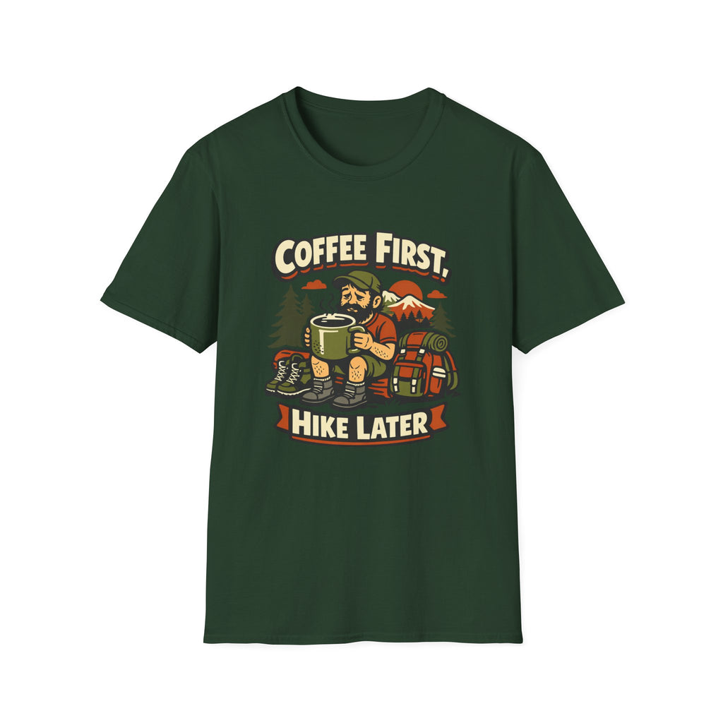 Coffee First Hike Later T-Shirt | Bearded Man Hiker