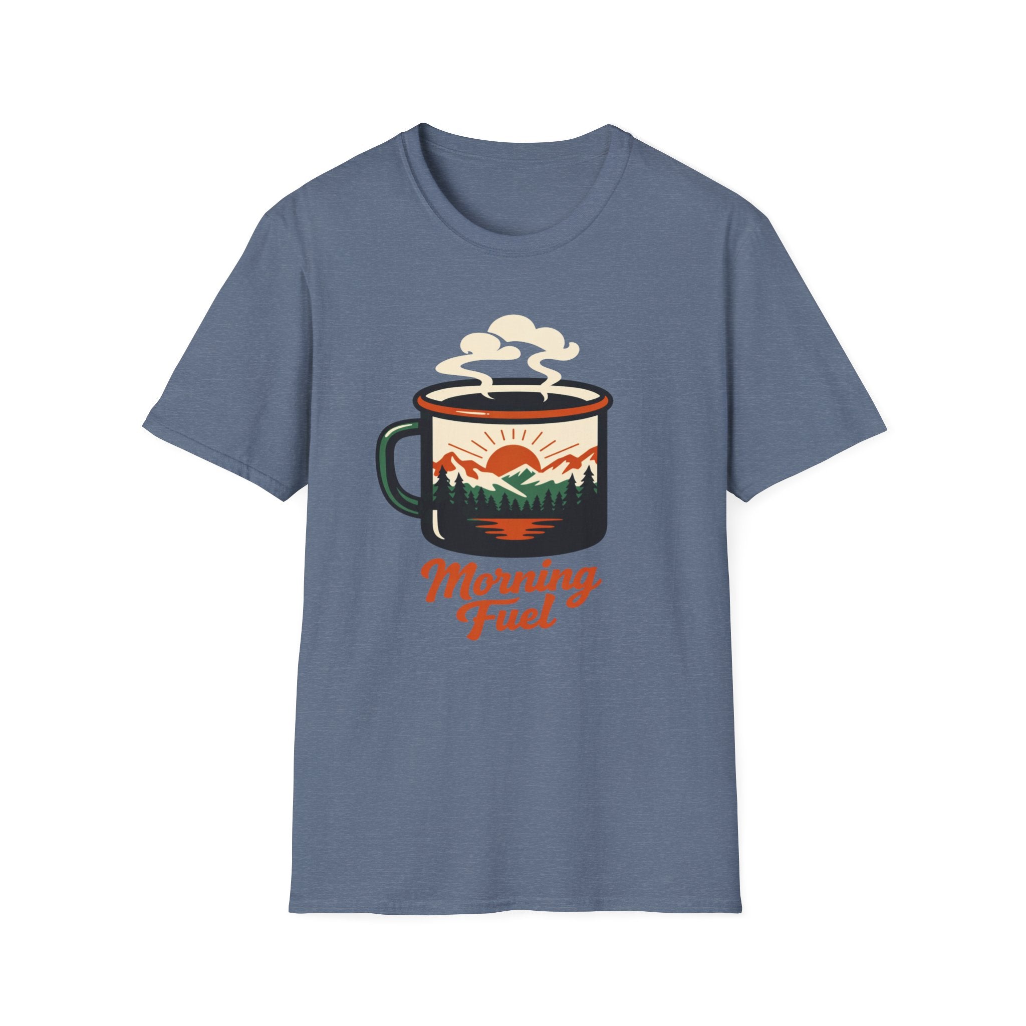 Morning Fuel Coffee T-Shirt — Mountains & Sunrise Graphic