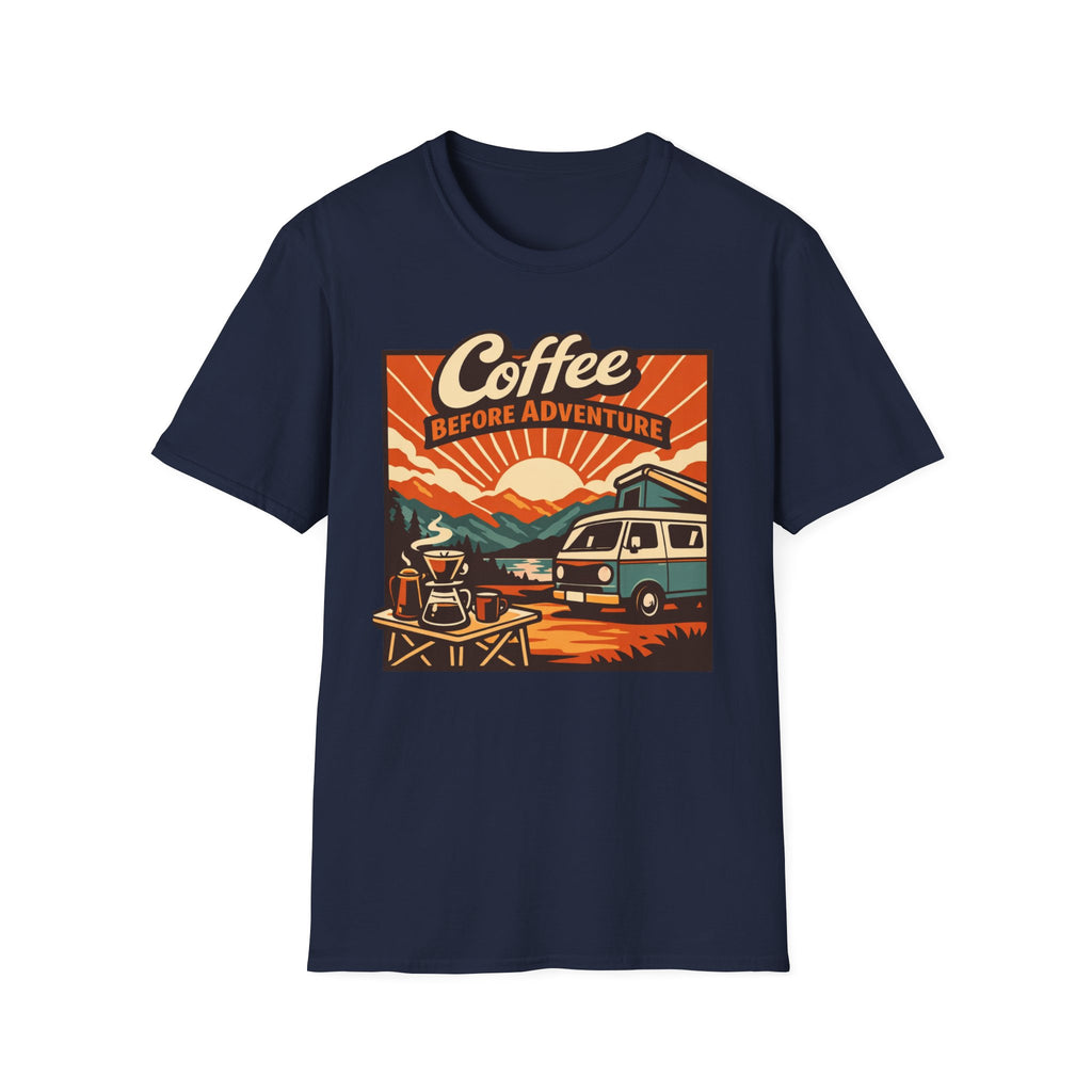 Coffee Before Adventure T-Shirt | Camper Van, Sunrise Camping Graphic