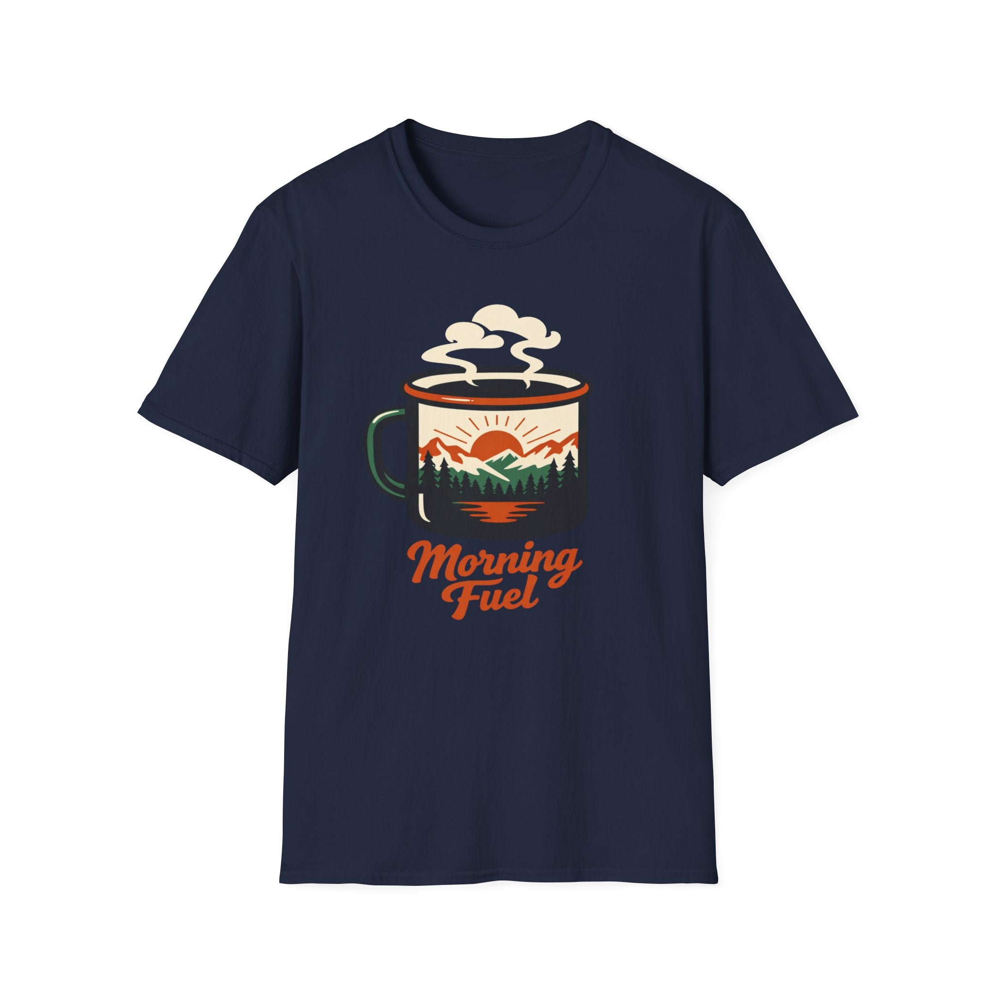 Morning Fuel Coffee T-Shirt — Mountains & Sunrise Graphic