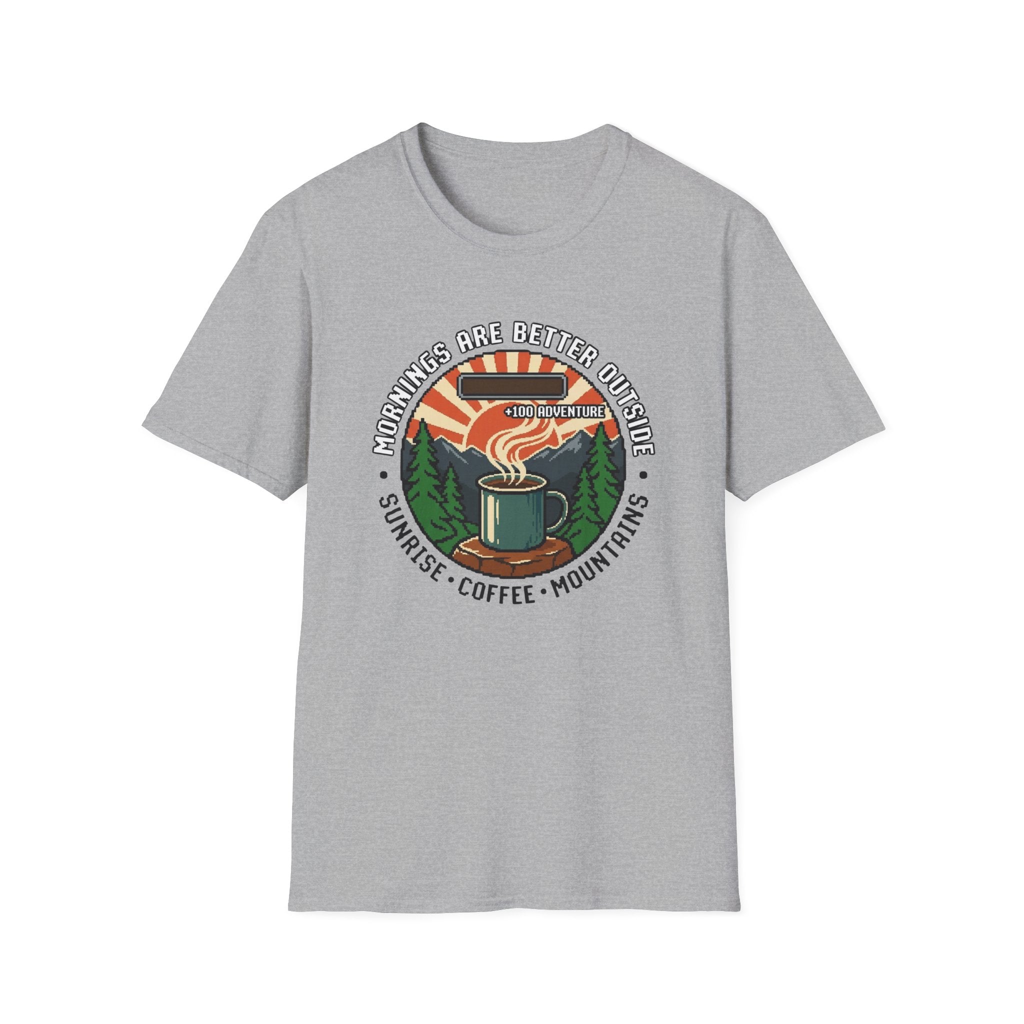 Mornings Are Better Outside T-shirt - Sunrise. Coffee. Mountains Retro Game Design