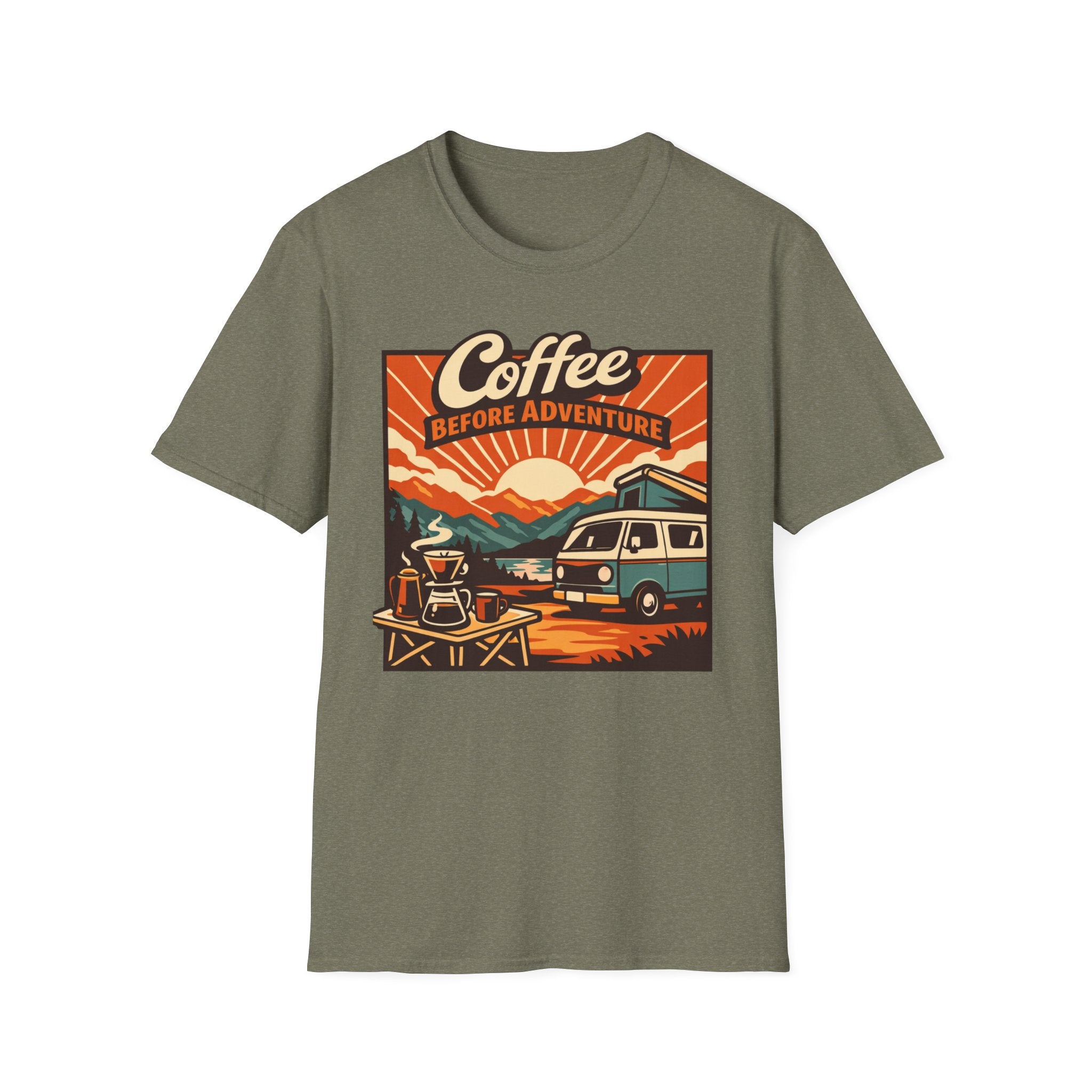 Coffee Before Adventure T-Shirt | Camper Van, Sunrise Camping Graphic