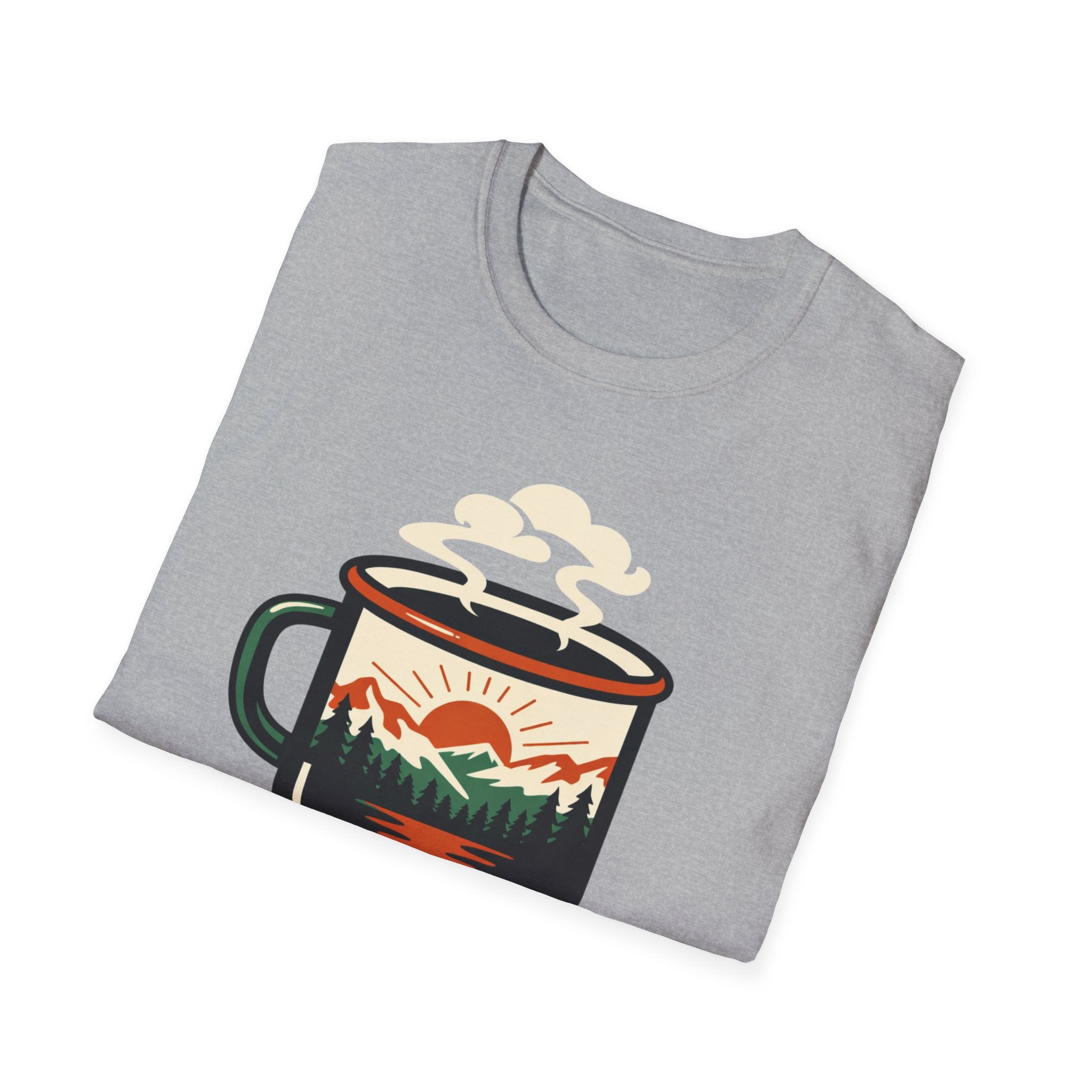 Morning Fuel Coffee T-Shirt — Mountains & Sunrise Graphic
