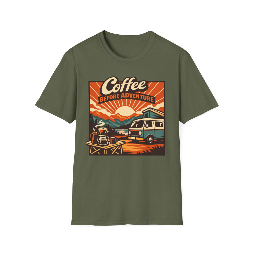 Coffee Before Adventure T-Shirt | Camper Van, Sunrise Camping Graphic