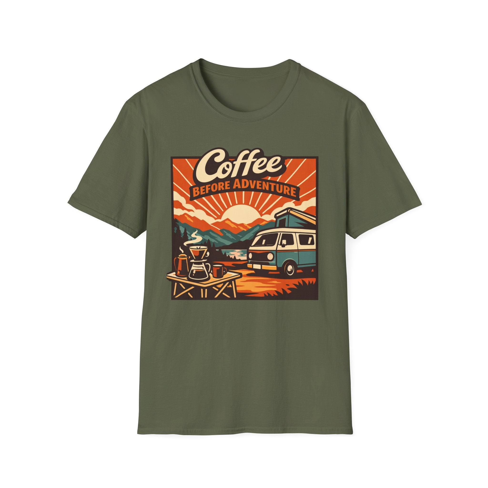 Coffee Before Adventure T-Shirt | Camper Van, Sunrise Camping Graphic