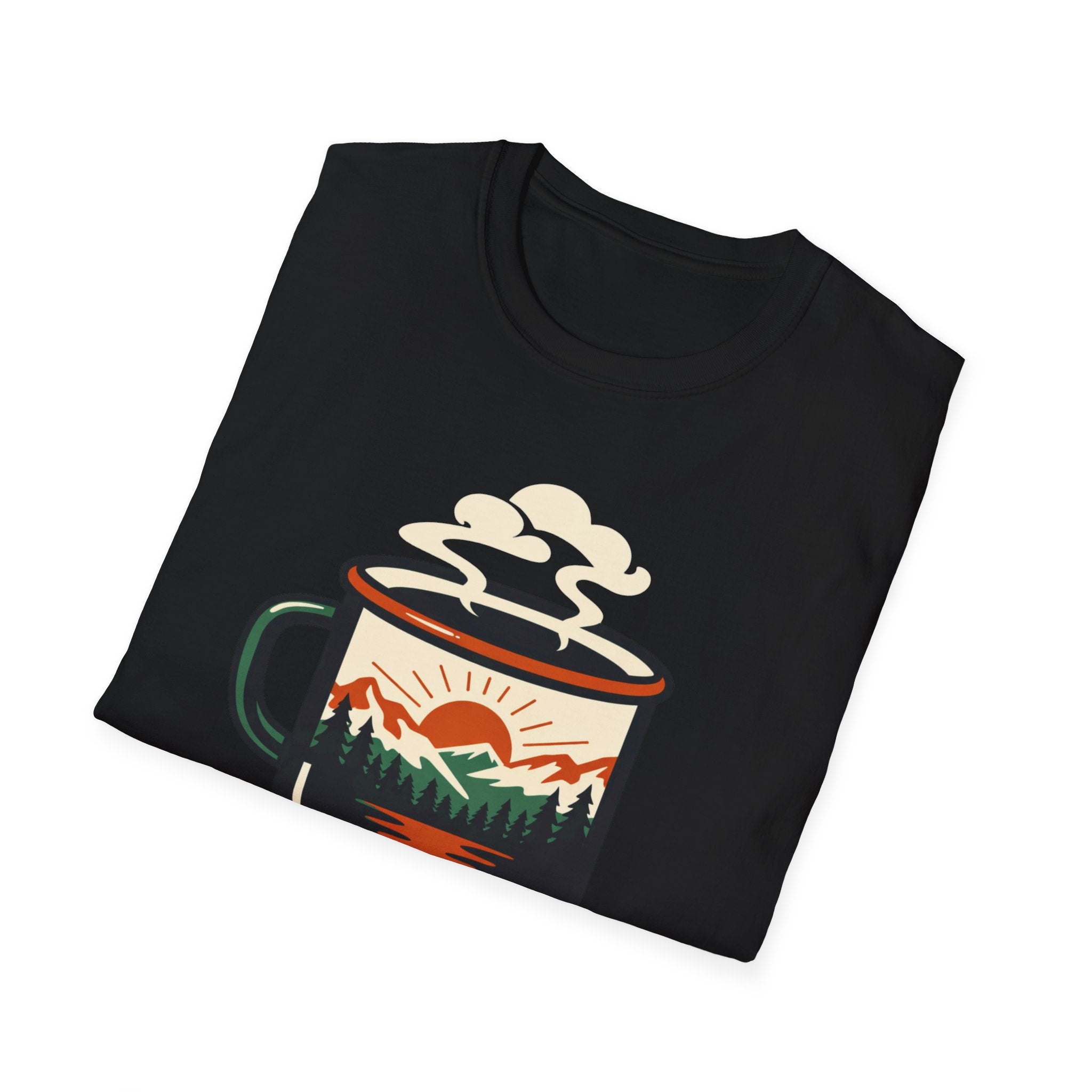 Morning Fuel Coffee T-Shirt — Mountains & Sunrise Graphic