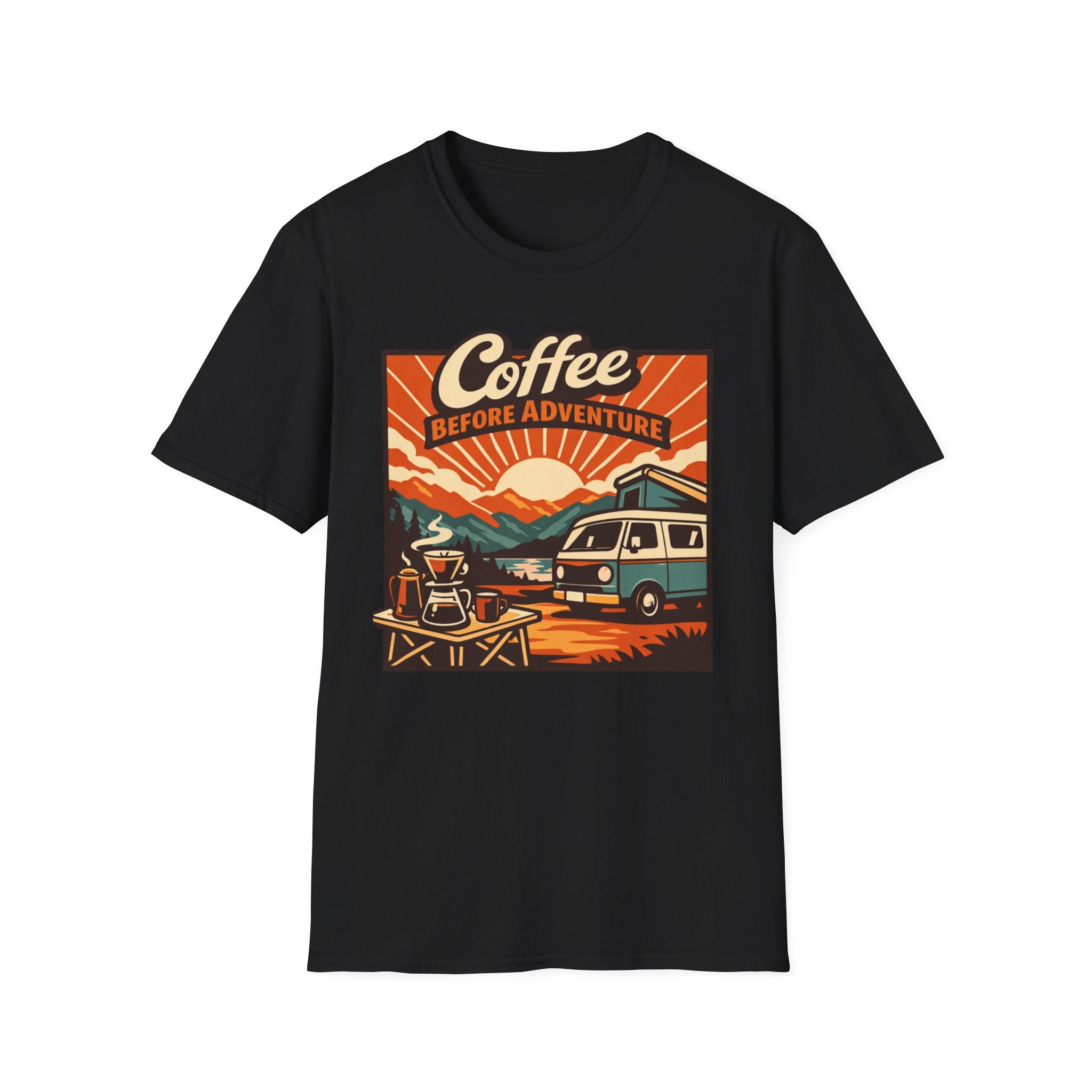 Coffee Before Adventure T-Shirt | Camper Van, Sunrise Camping Graphic
