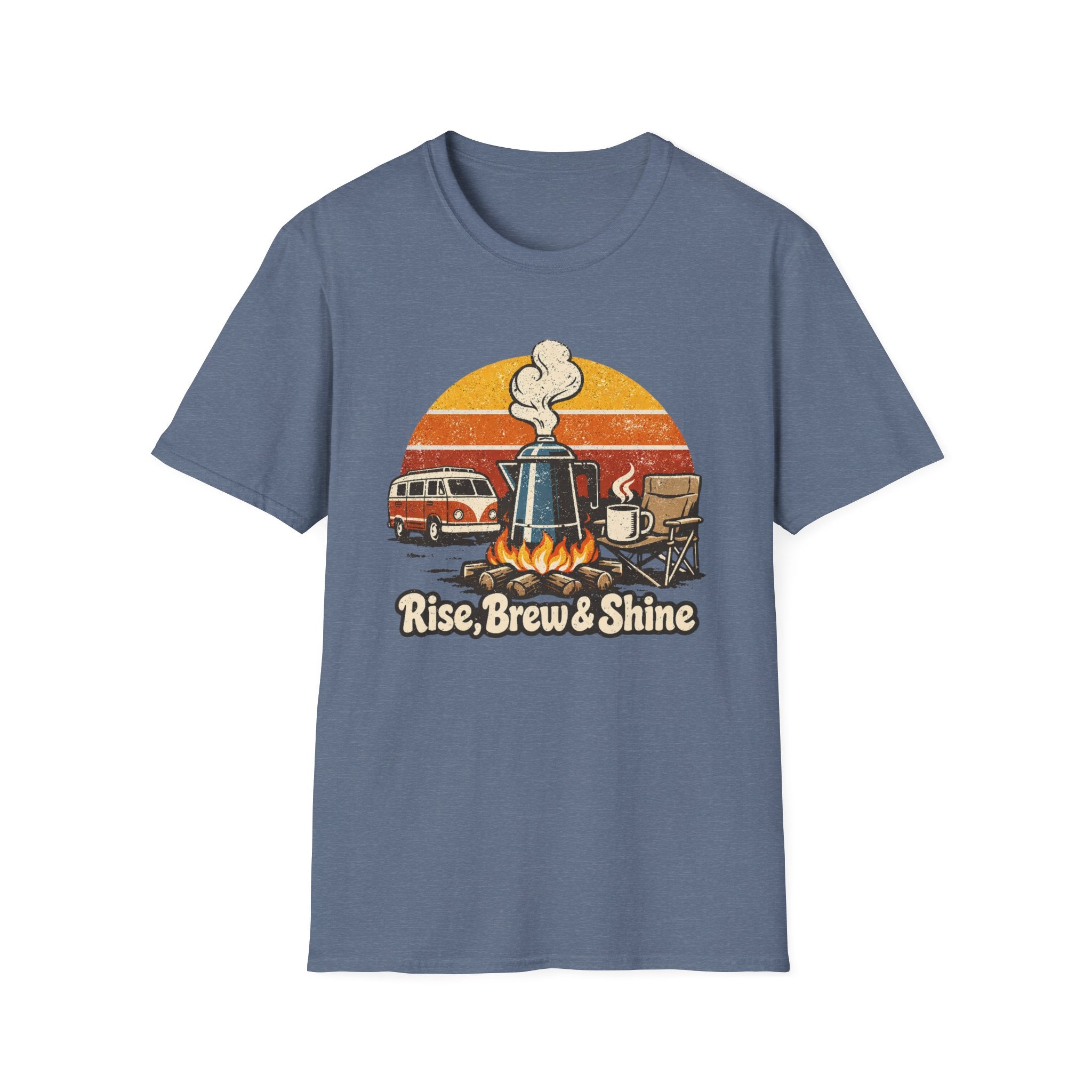 Retro Camping Coffee Break Illustration Rise Brew And Shine T-Shirt