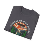 Mornings Are Better Outside T-shirt - Sunrise. Coffee. Mountains Retro Game Design