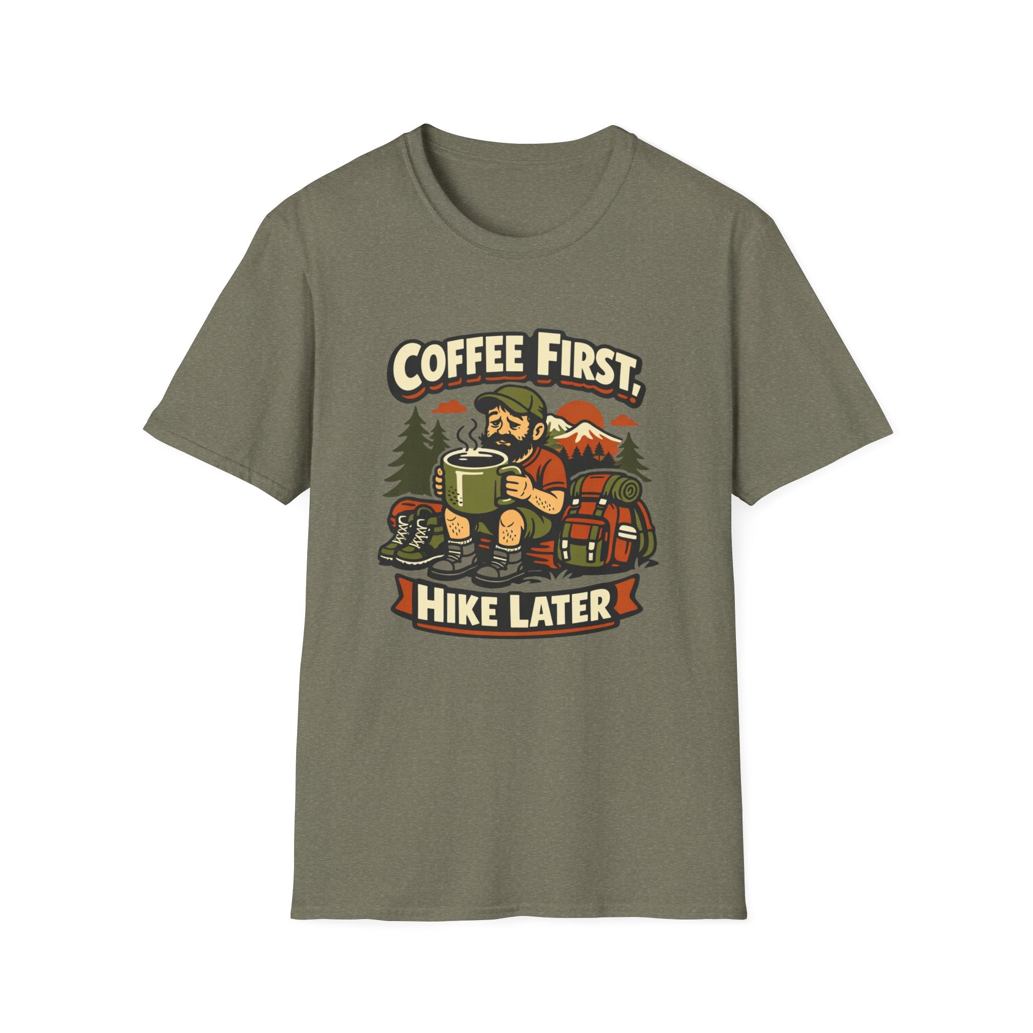 Coffee First Hike Later T-Shirt | Bearded Man Hiker