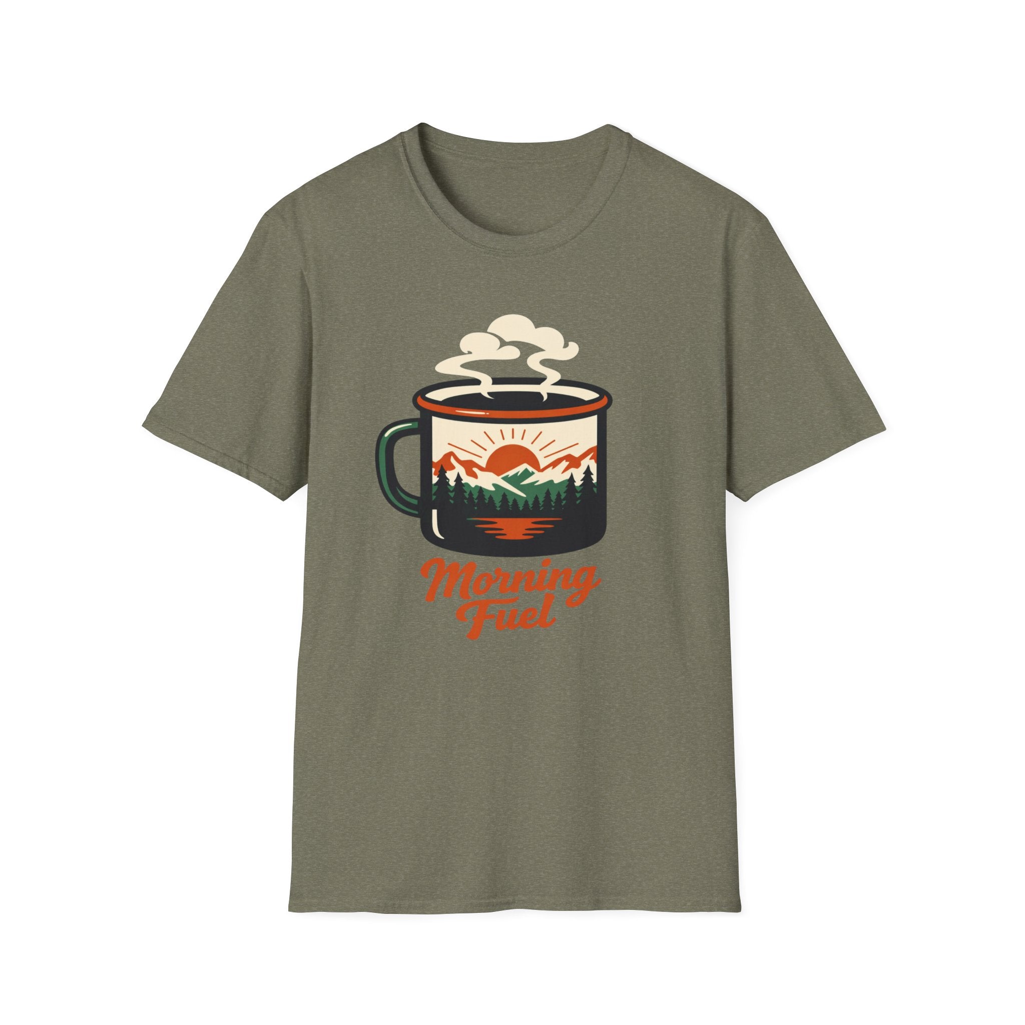 Morning Fuel Coffee T-Shirt — Mountains & Sunrise Graphic