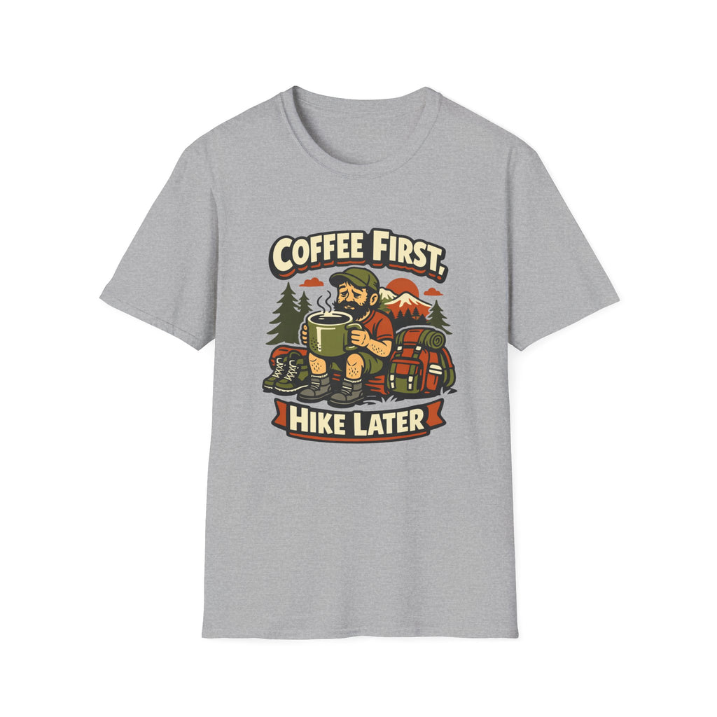 Coffee First Hike Later T-Shirt | Bearded Man Hiker