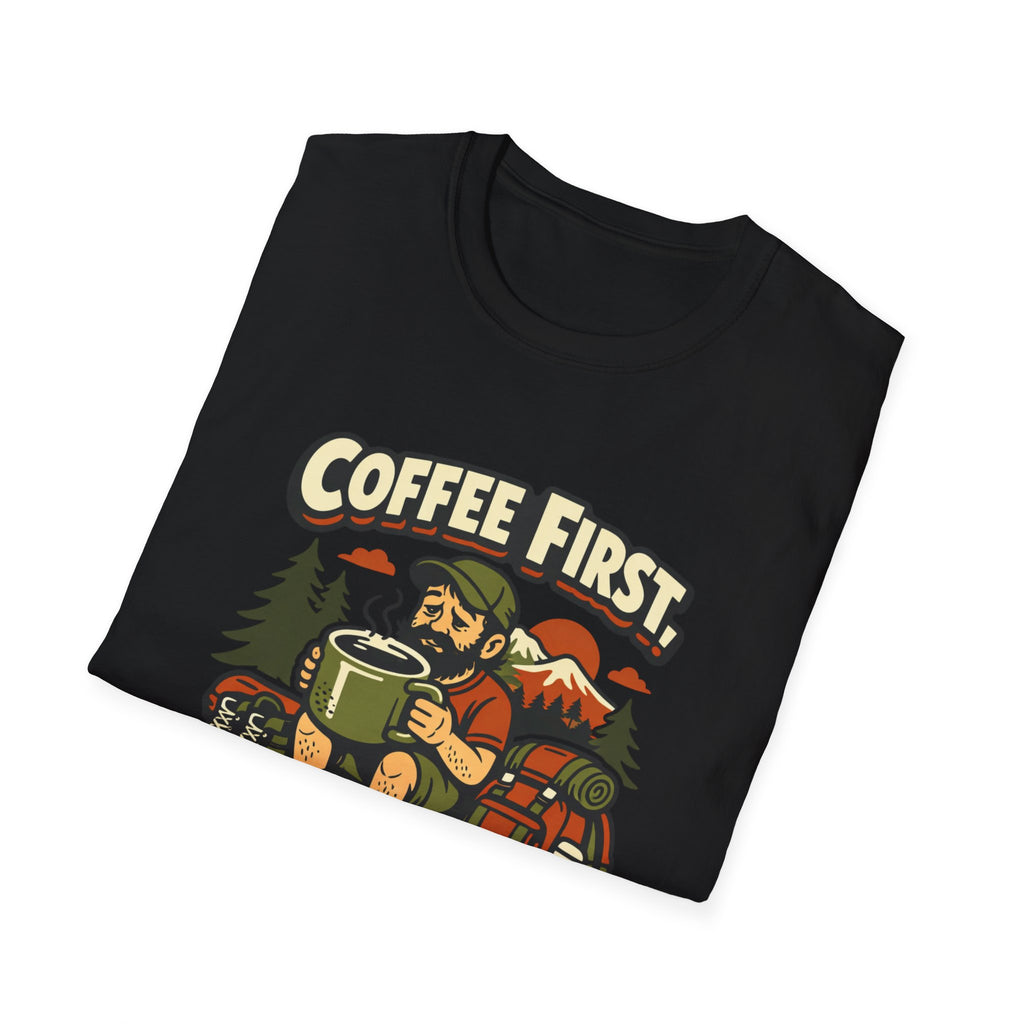 Coffee First Hike Later T-Shirt | Bearded Man Hiker