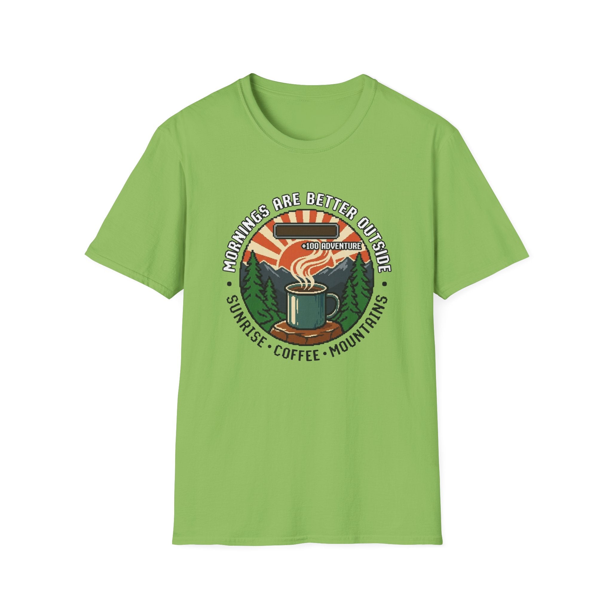 Mornings Are Better Outside T-shirt - Sunrise. Coffee. Mountains Retro Game Design