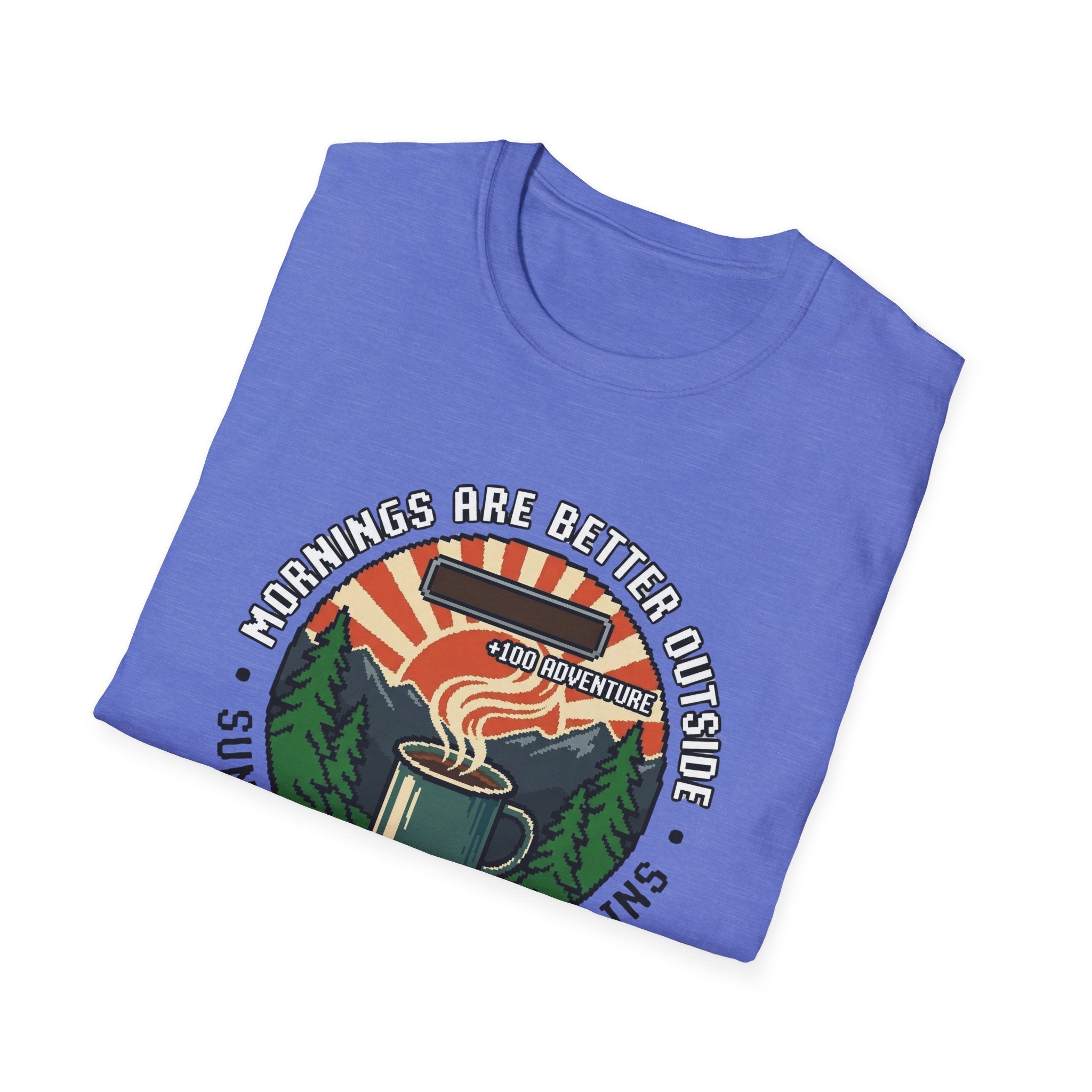 Mornings Are Better Outside T-shirt - Sunrise. Coffee. Mountains Retro Game Design