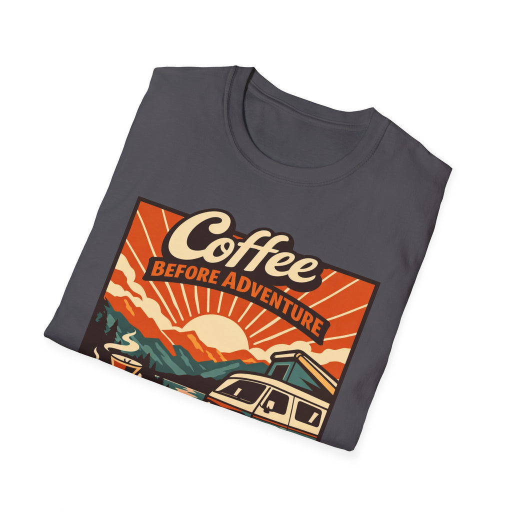 Coffee Before Adventure T-Shirt | Camper Van, Sunrise Camping Graphic