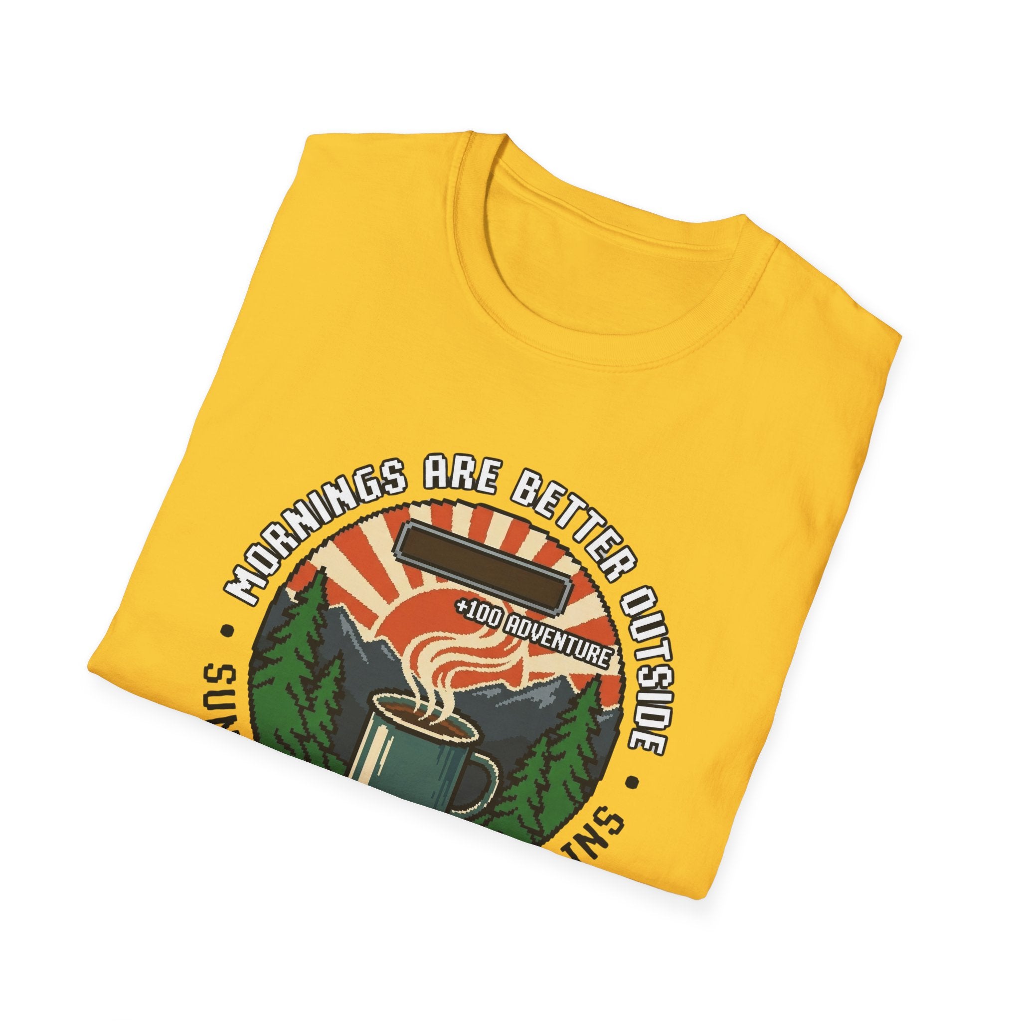 Mornings Are Better Outside T-shirt - Sunrise. Coffee. Mountains Retro Game Design