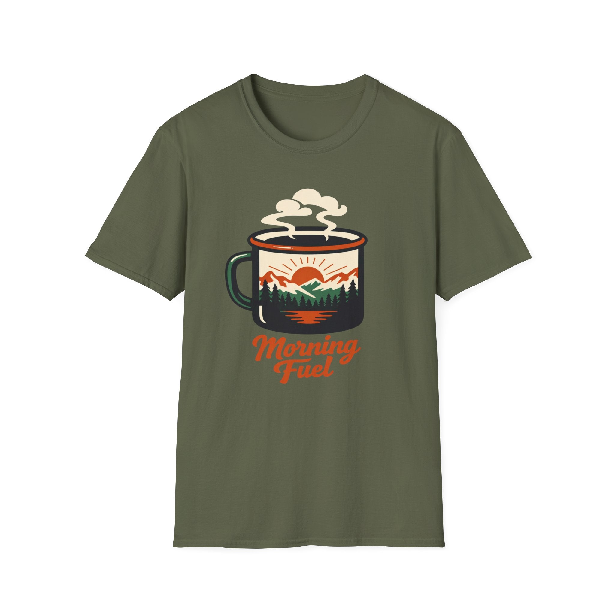 Morning Fuel Coffee T-Shirt — Mountains & Sunrise Graphic