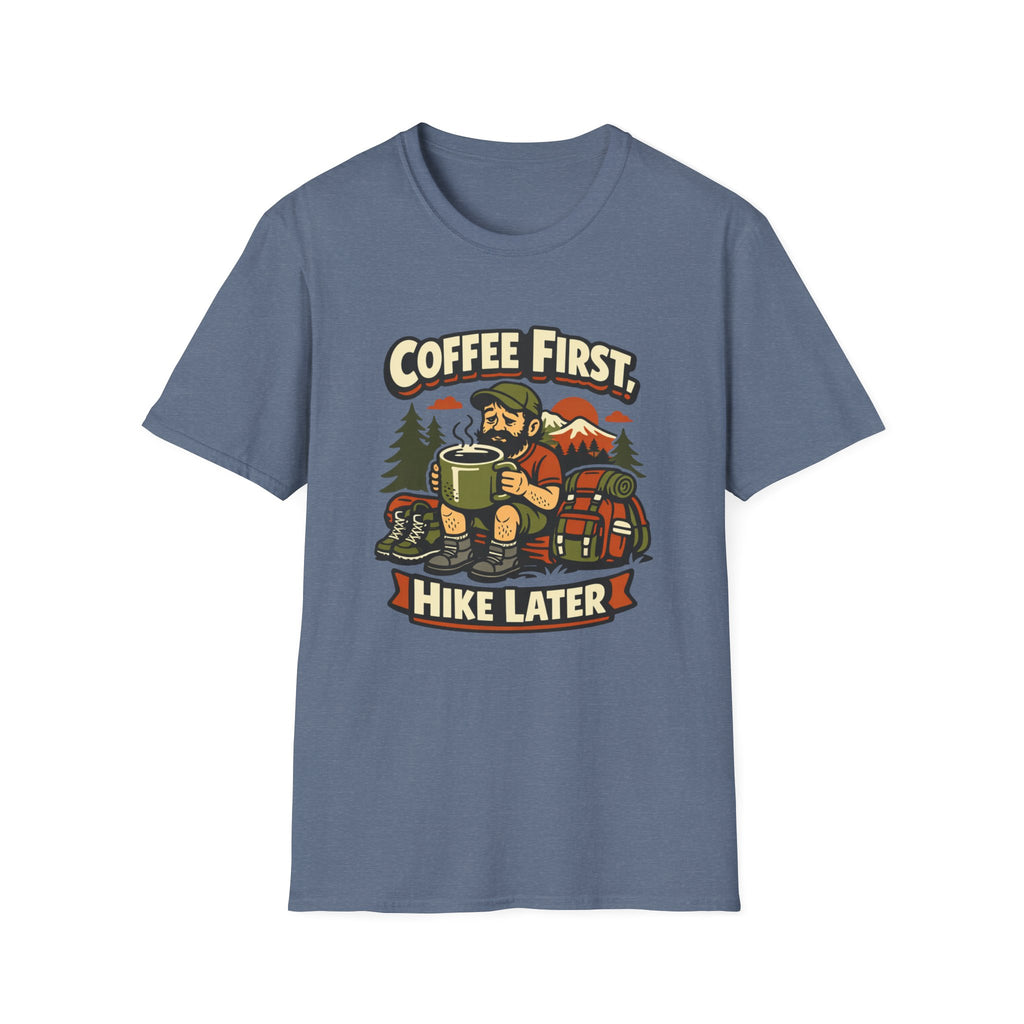 Coffee First Hike Later T-Shirt | Bearded Man Hiker
