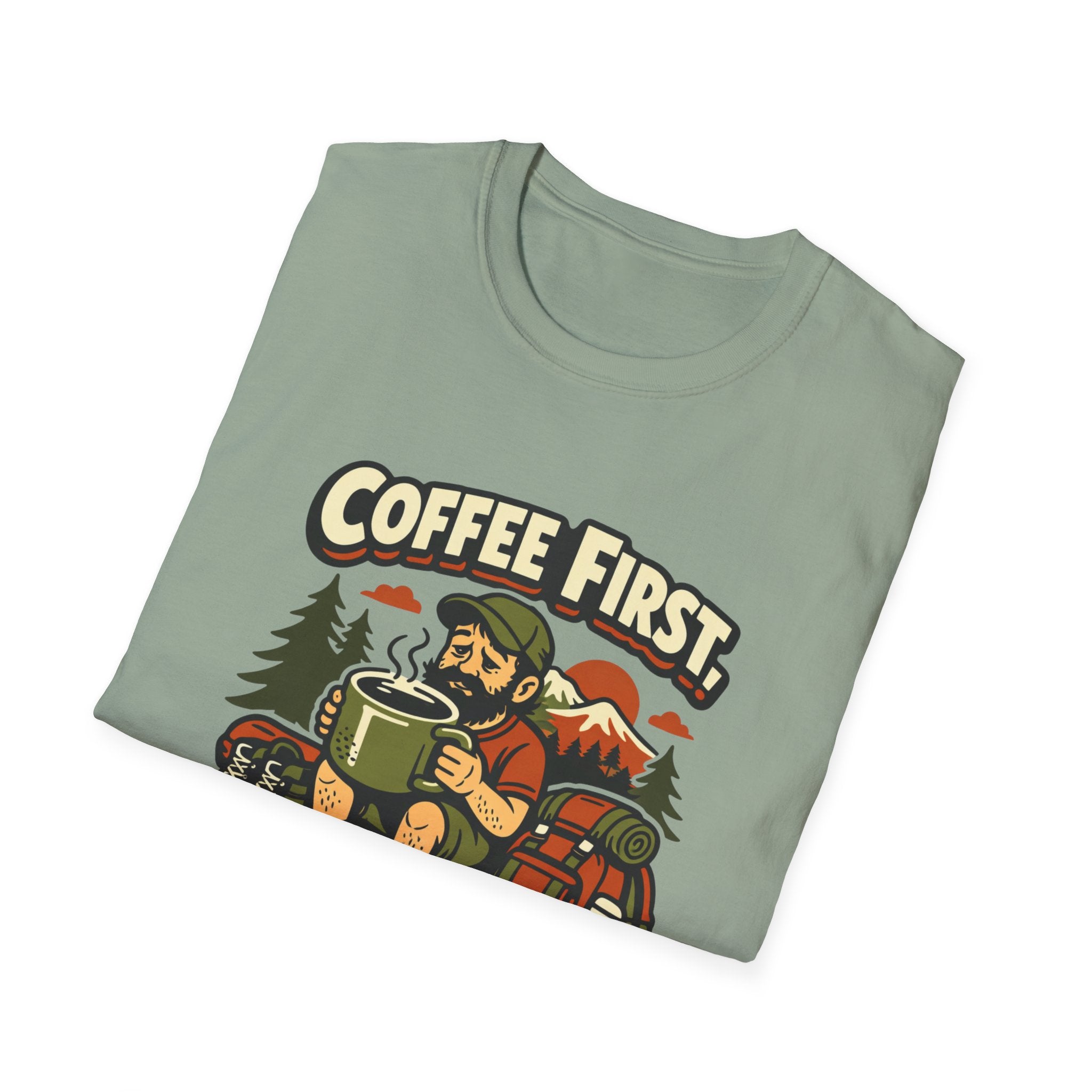 Coffee First Hike Later T-Shirt | Bearded Man Hiker