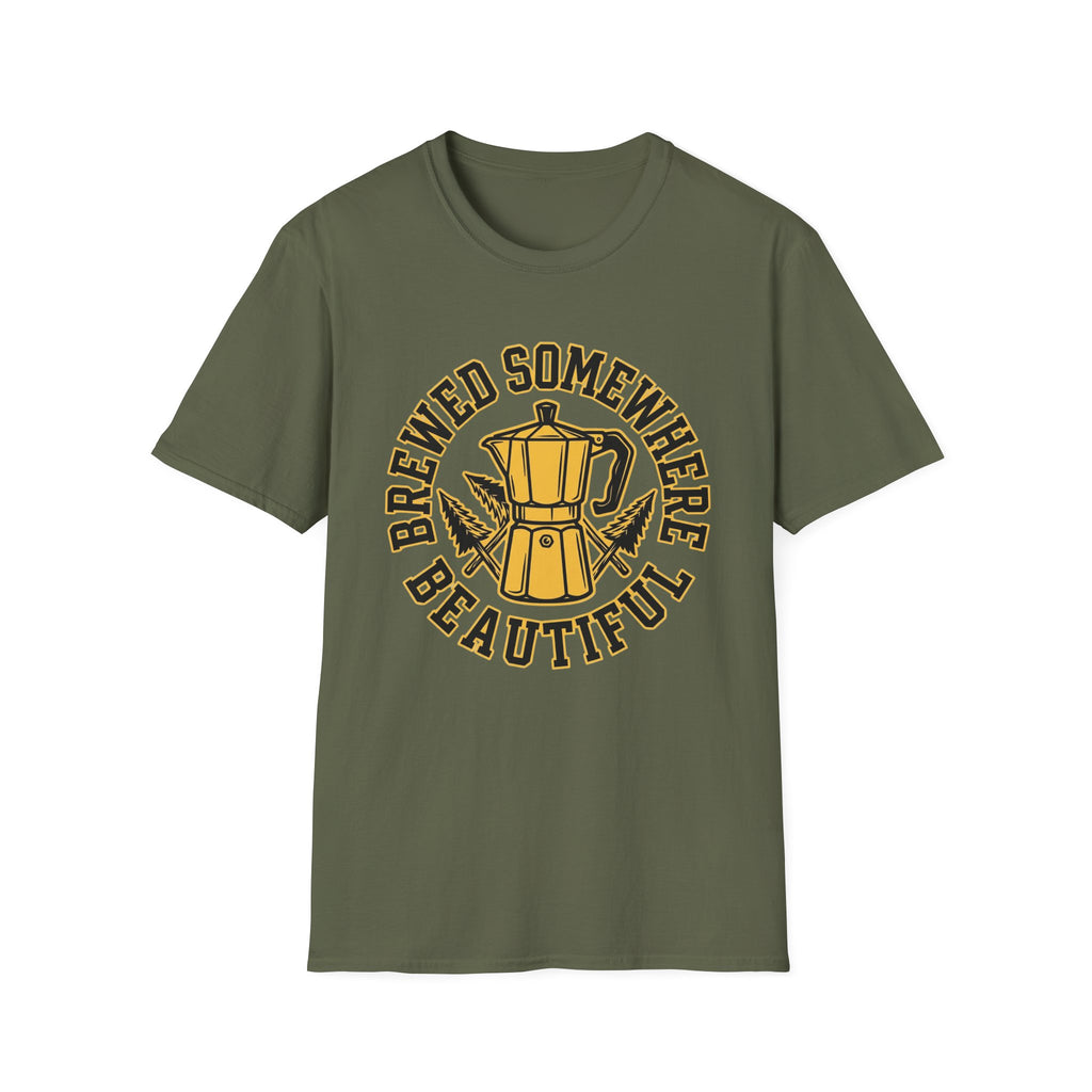 Brewed Somewhere Beautiful Coffee Pot & Tree T-Shirt