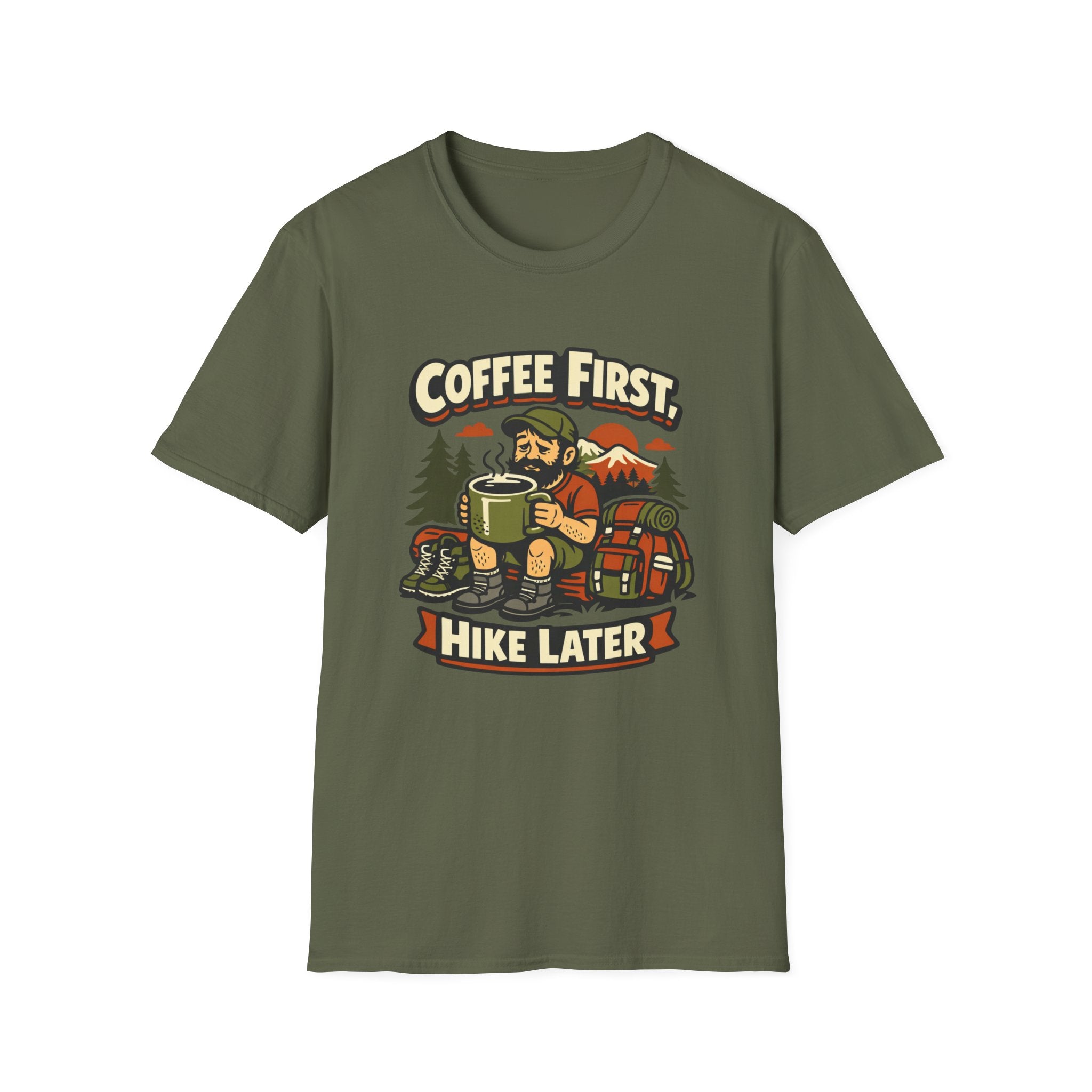 Coffee First Hike Later T-Shirt | Bearded Man Hiker