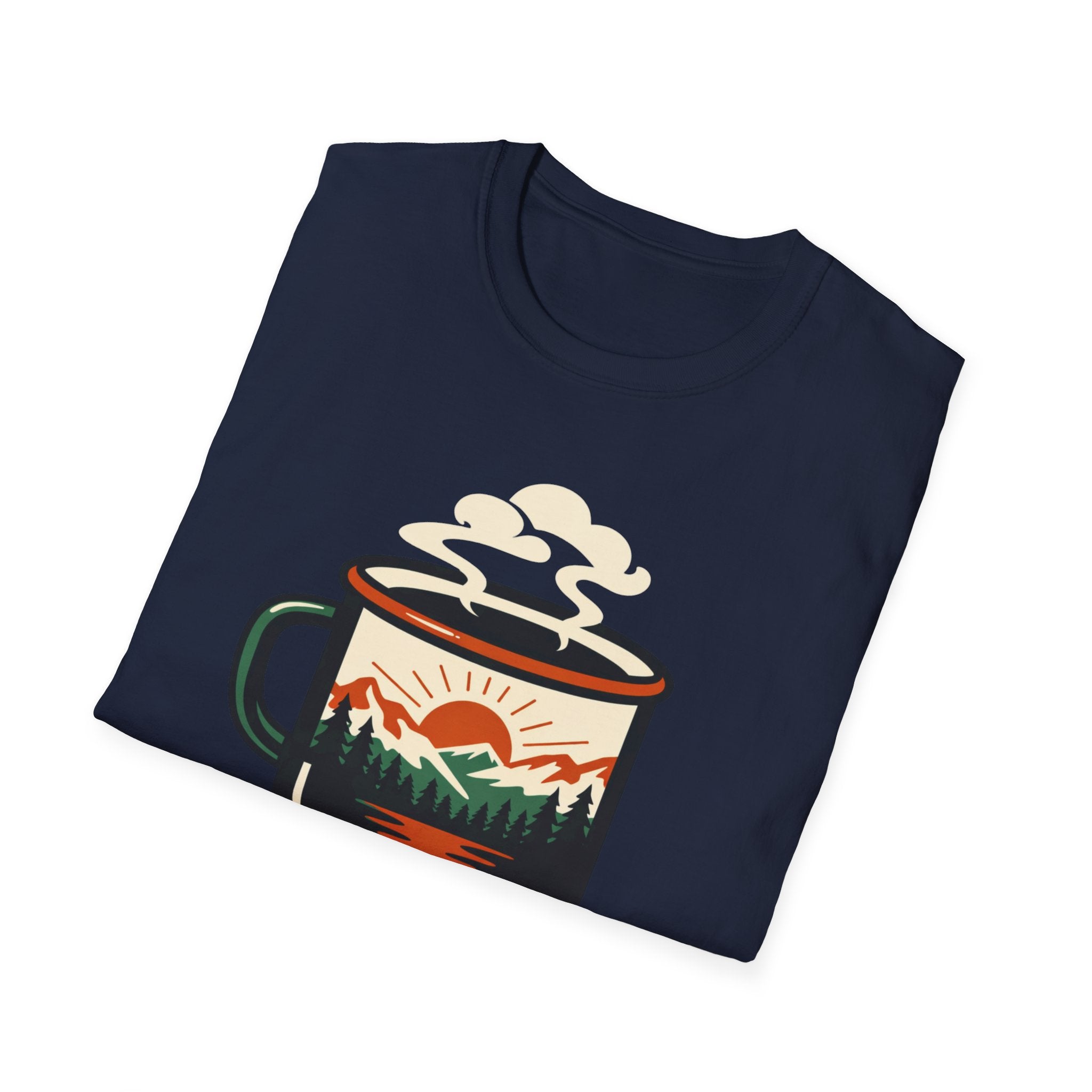 Morning Fuel Coffee T-Shirt — Mountains & Sunrise Graphic