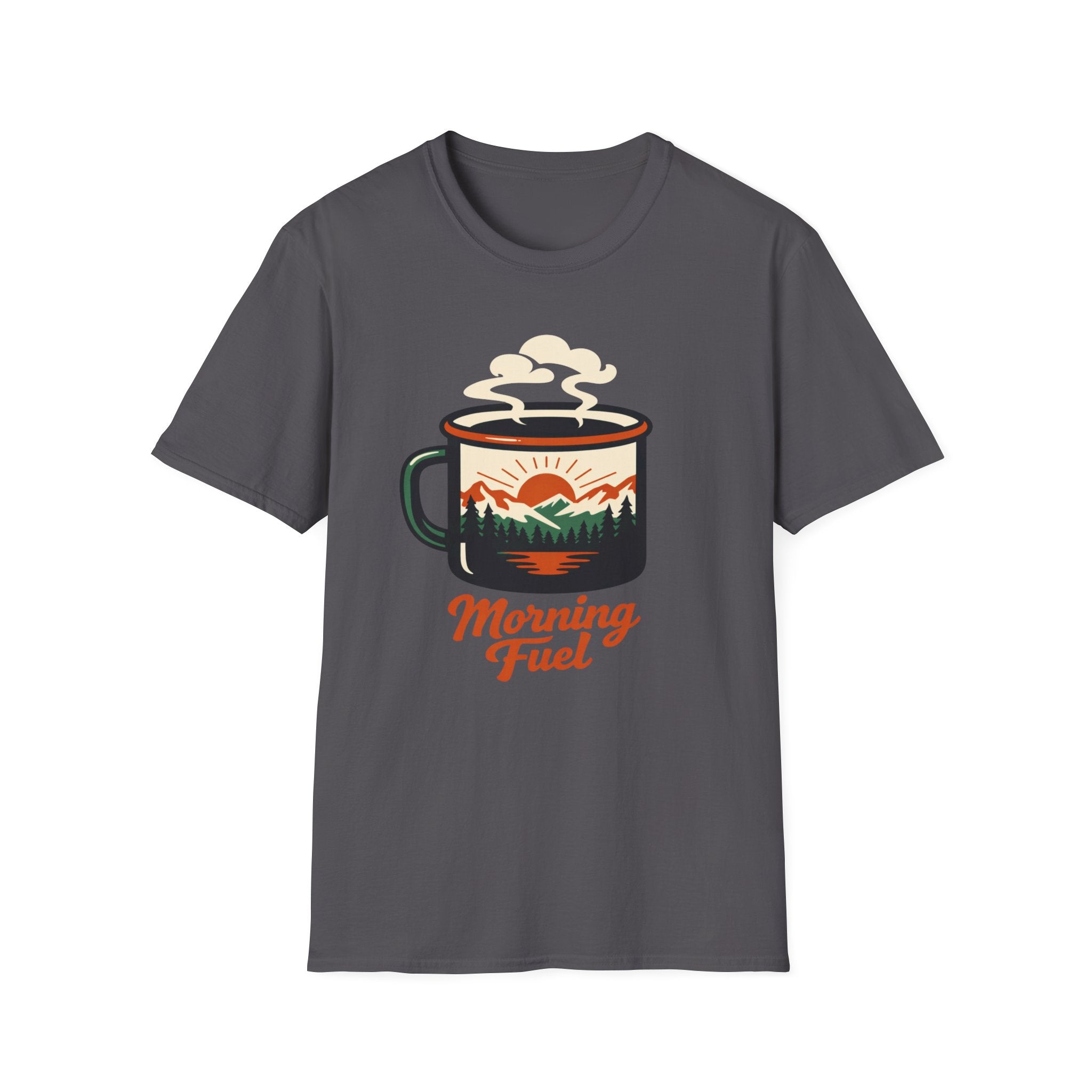 Morning Fuel Coffee T-Shirt — Mountains & Sunrise Graphic
