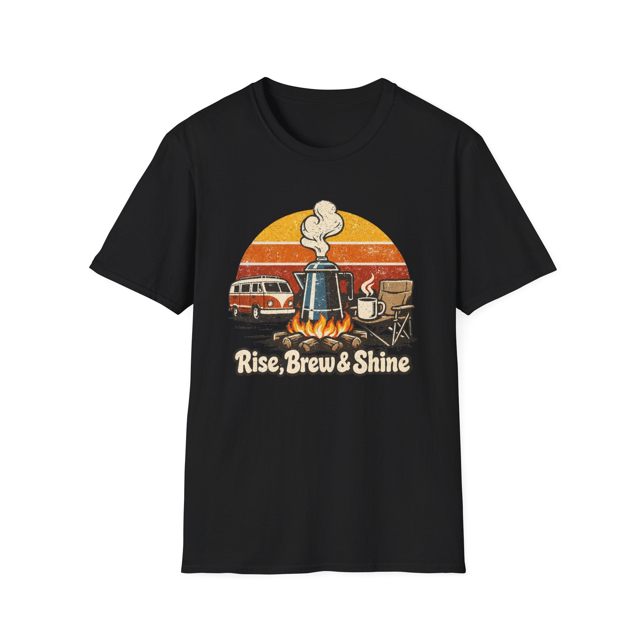 Retro Camping Coffee Break Illustration Rise Brew And Shine T-Shirt