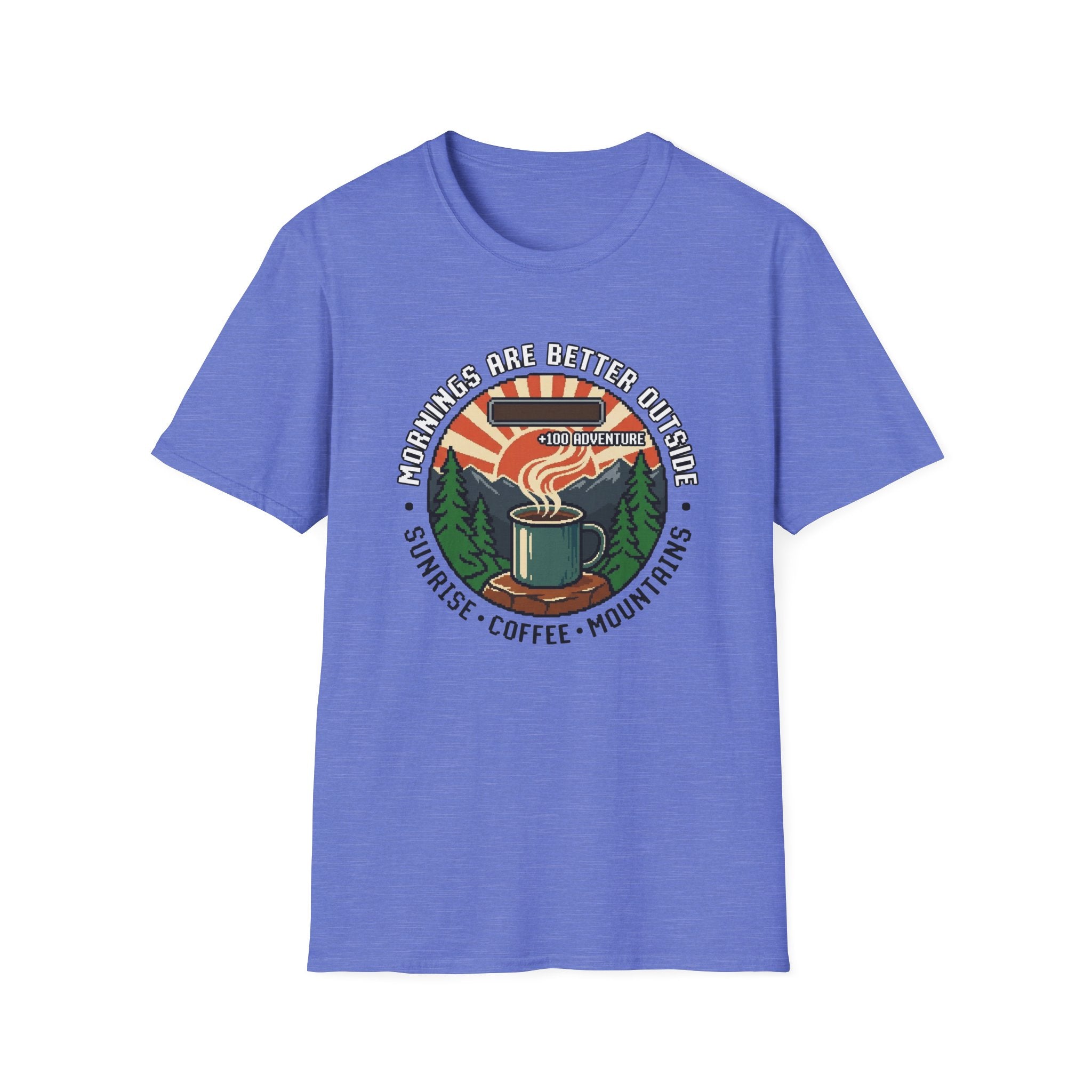Mornings Are Better Outside T-shirt - Sunrise. Coffee. Mountains Retro Game Design