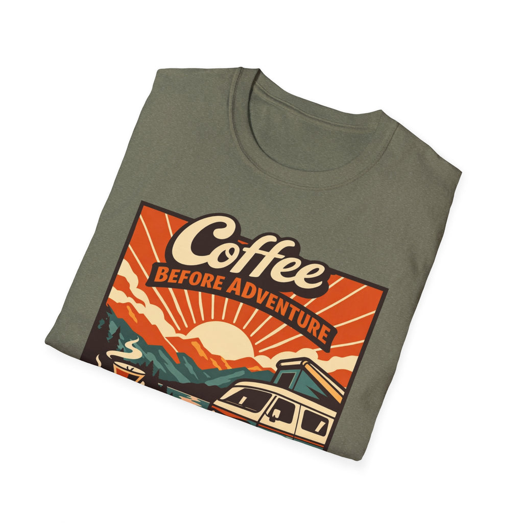Coffee Before Adventure T-Shirt | Camper Van, Sunrise Camping Graphic