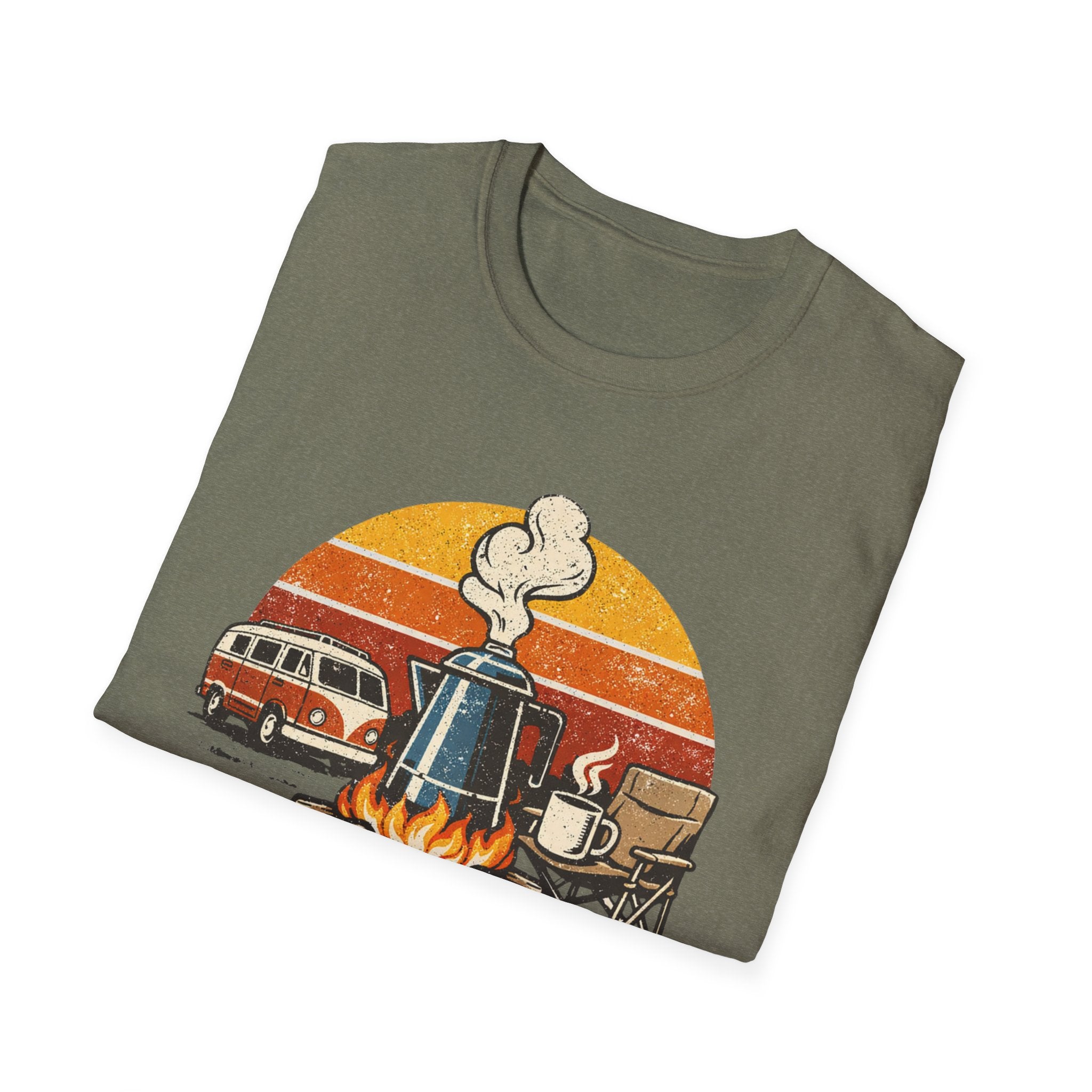 Retro Camping Coffee Break Illustration Rise Brew And Shine T-Shirt