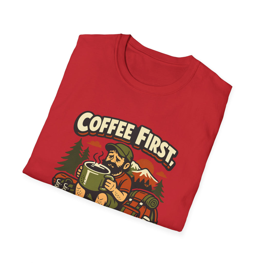 Coffee First Hike Later T-Shirt | Bearded Man Hiker