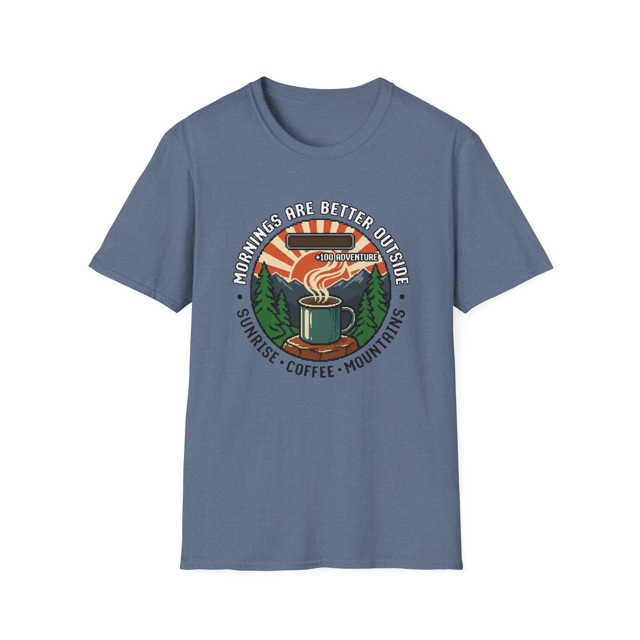 Mornings Are Better Outside T-shirt - Sunrise. Coffee. Mountains Retro Game Design