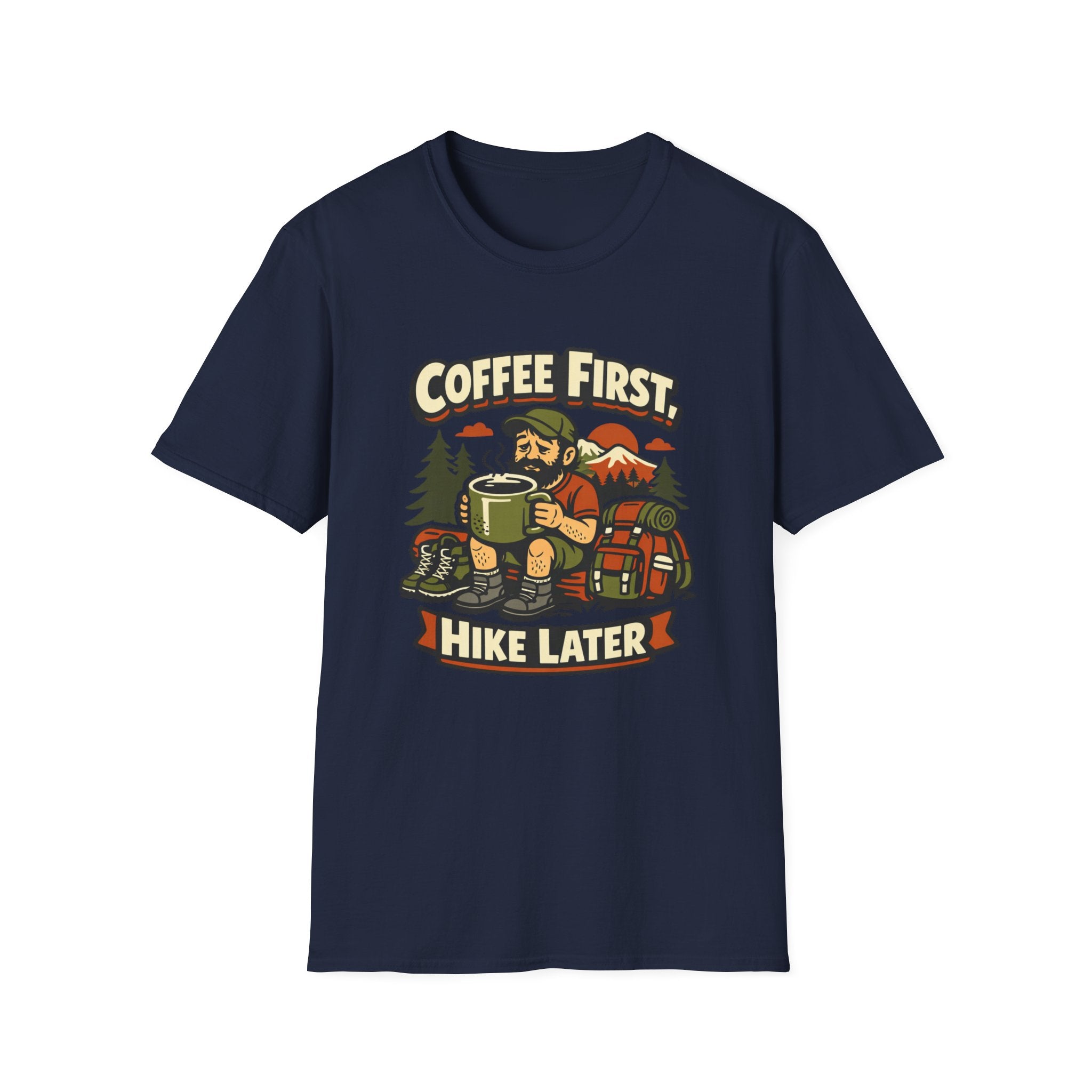 Coffee First Hike Later T-Shirt | Bearded Man Hiker