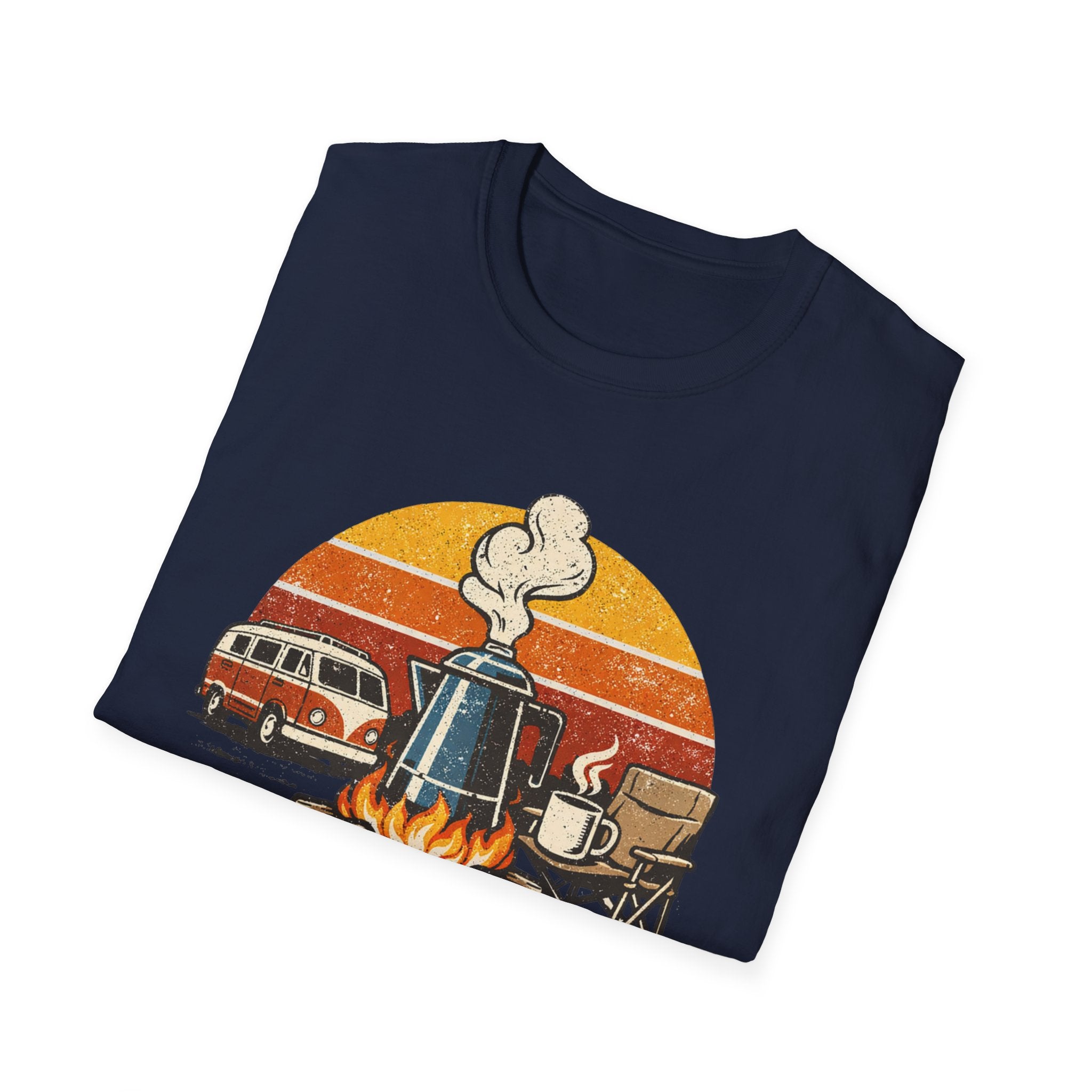 Retro Camping Coffee Break Illustration Rise Brew And Shine T-Shirt