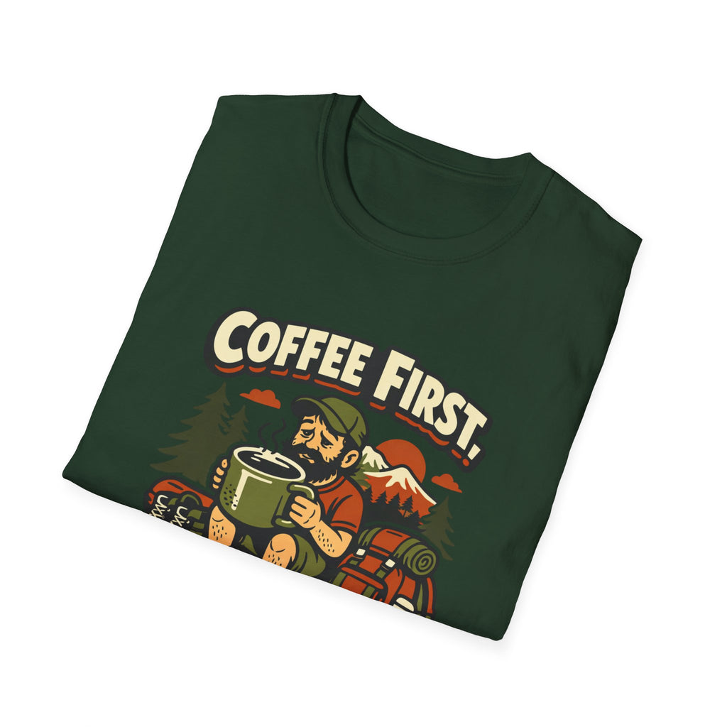 Coffee First Hike Later T-Shirt | Bearded Man Hiker