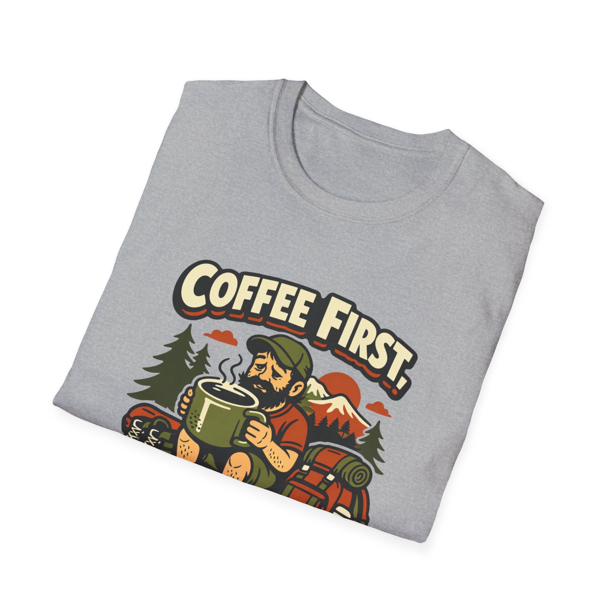 Coffee First Hike Later T-Shirt | Bearded Man Hiker