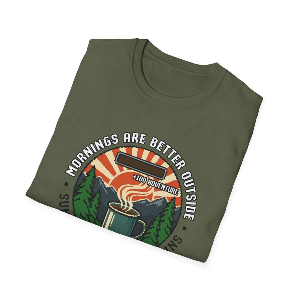 Mornings Are Better Outside T-shirt - Sunrise. Coffee. Mountains Retro Game Design