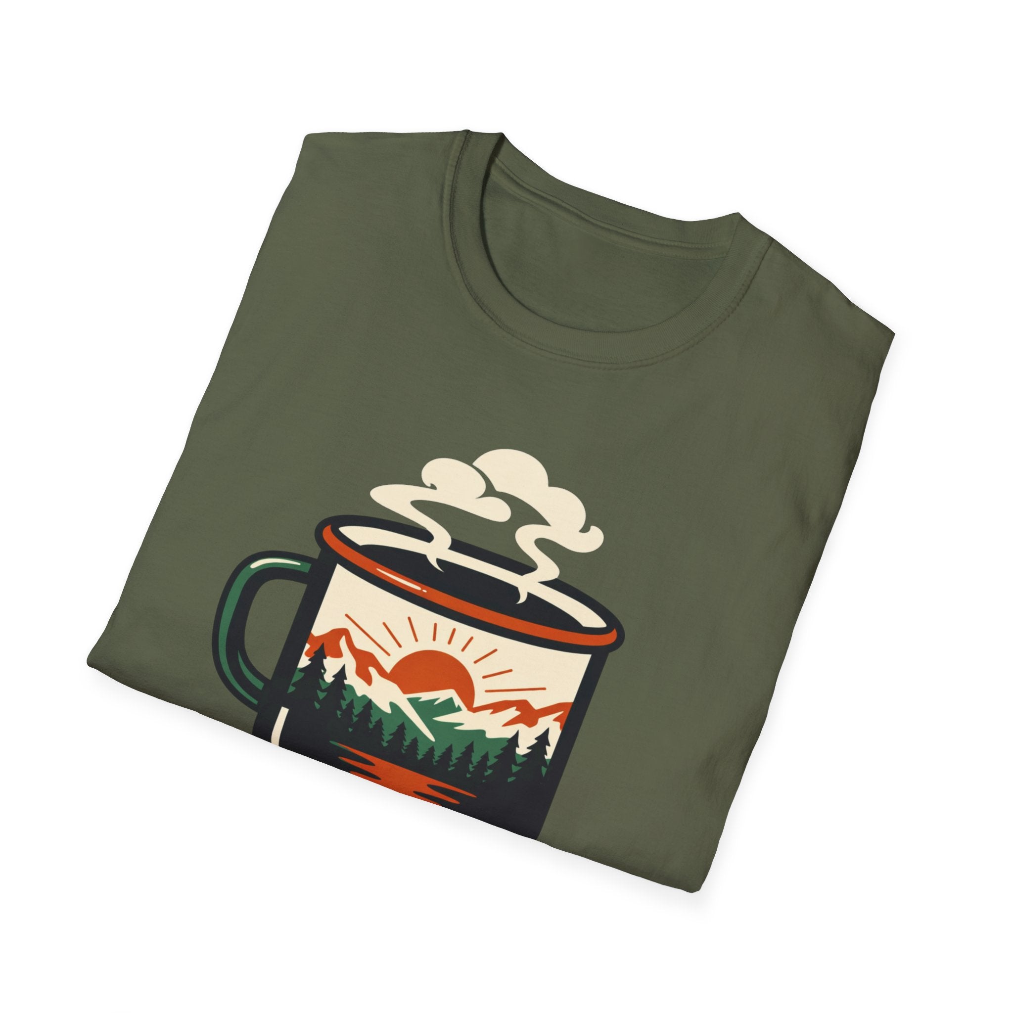 Morning Fuel Coffee T-Shirt — Mountains & Sunrise Graphic