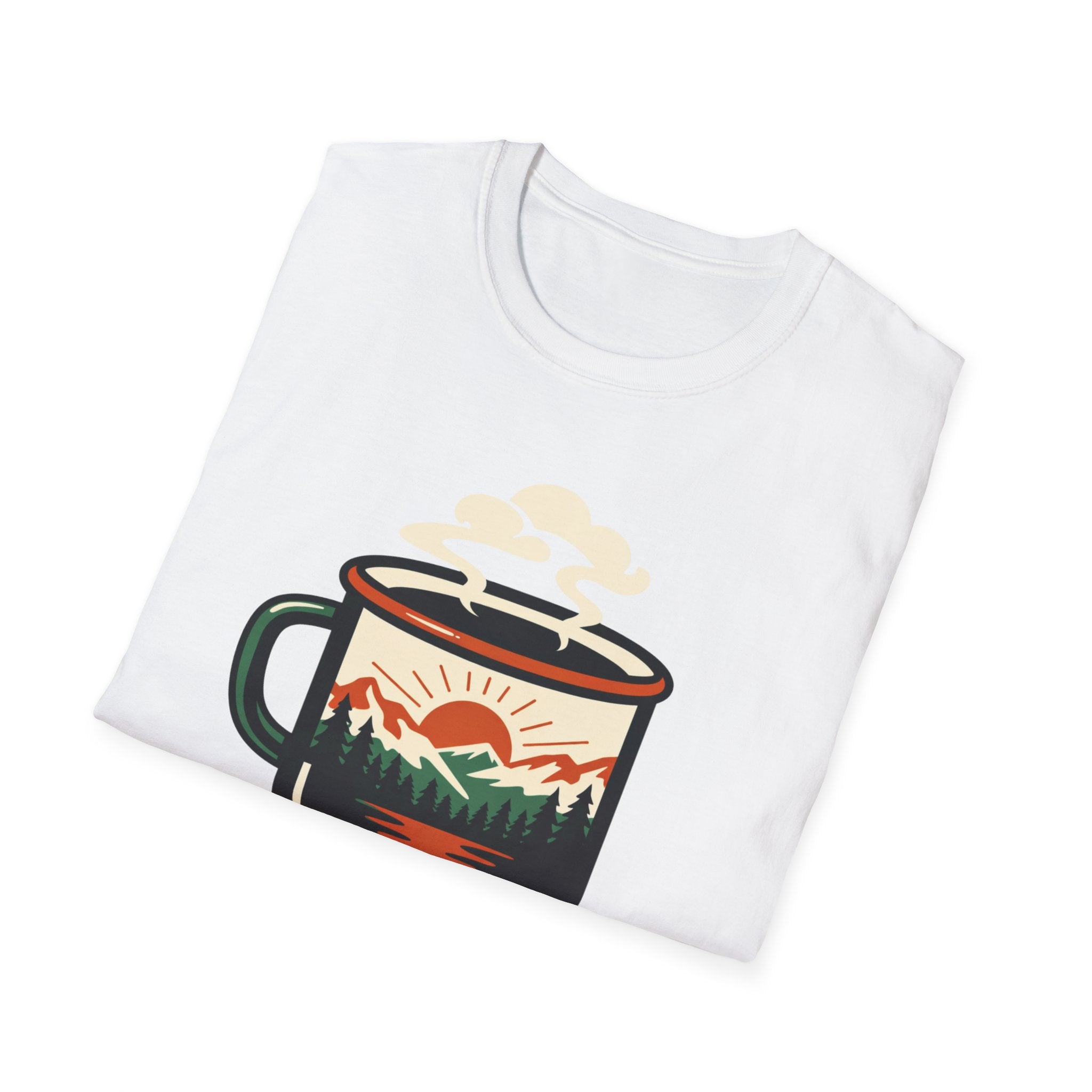 Morning Fuel Coffee T-Shirt — Mountains & Sunrise Graphic