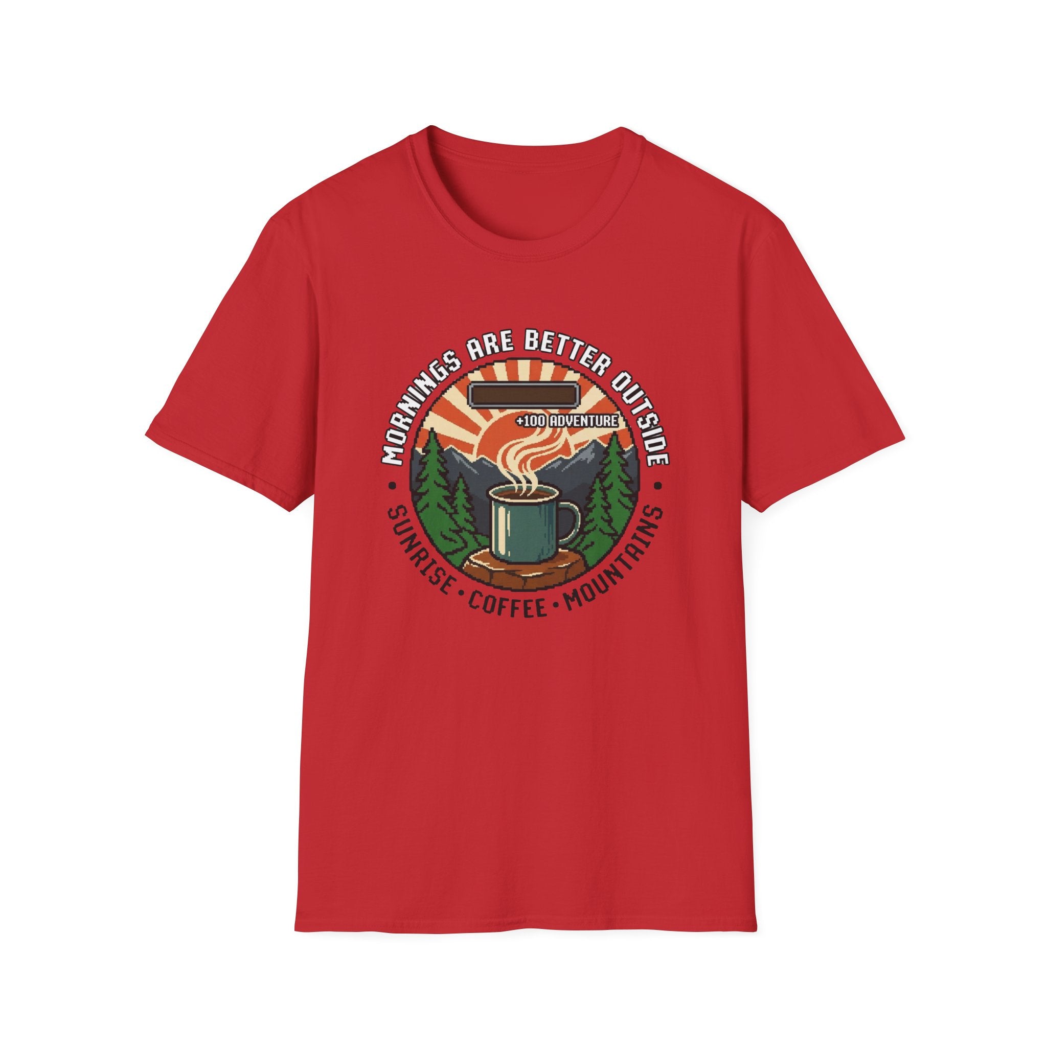 Mornings Are Better Outside T-shirt - Sunrise. Coffee. Mountains Retro Game Design